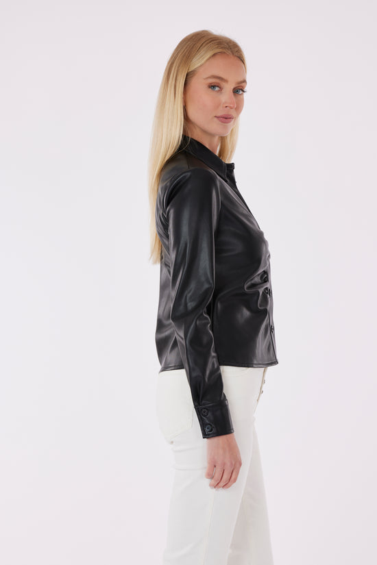 Faux Leather Button-Up Shirt with Ruching Detail