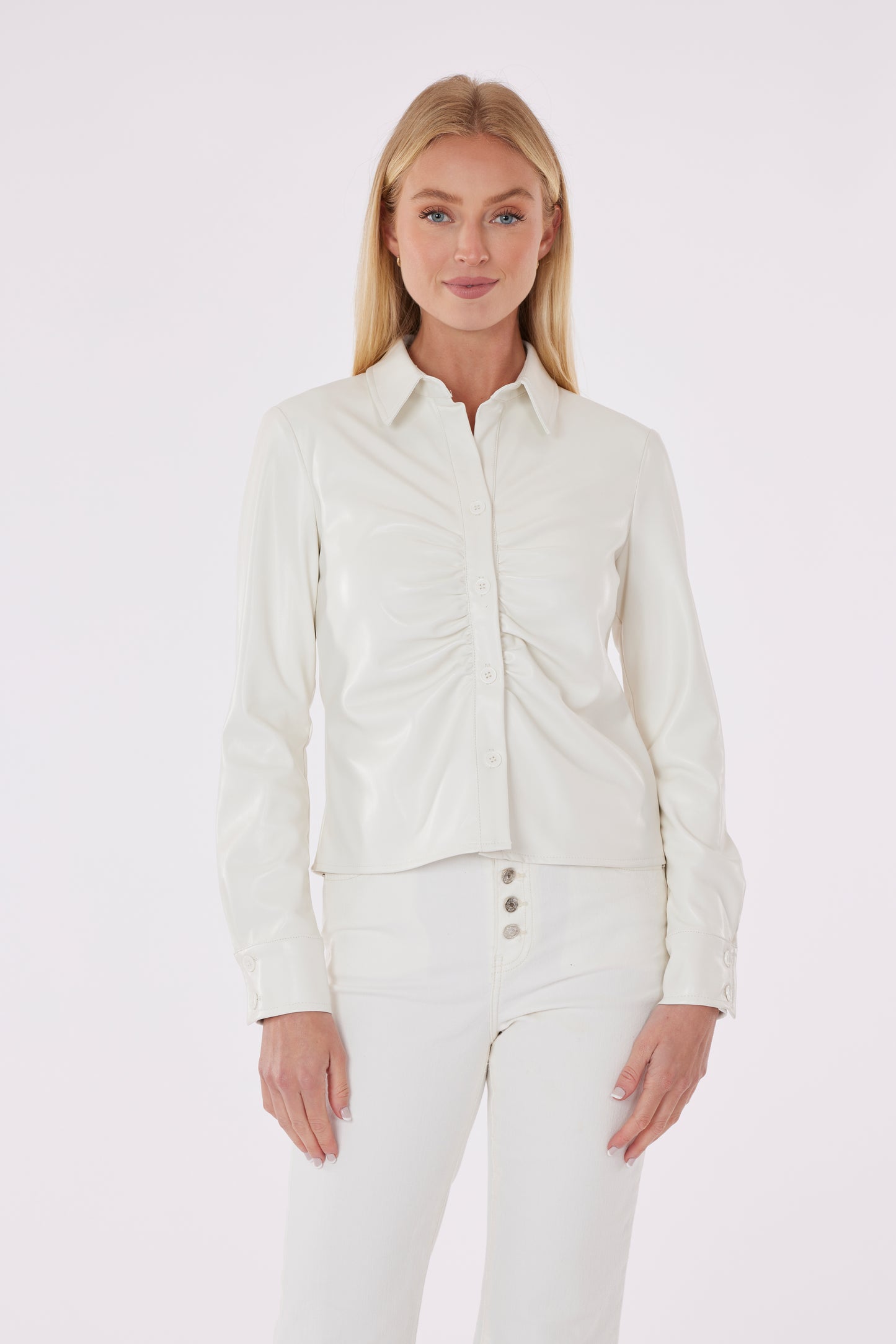 Faux Leather Button-Up Shirt with Ruching Detail