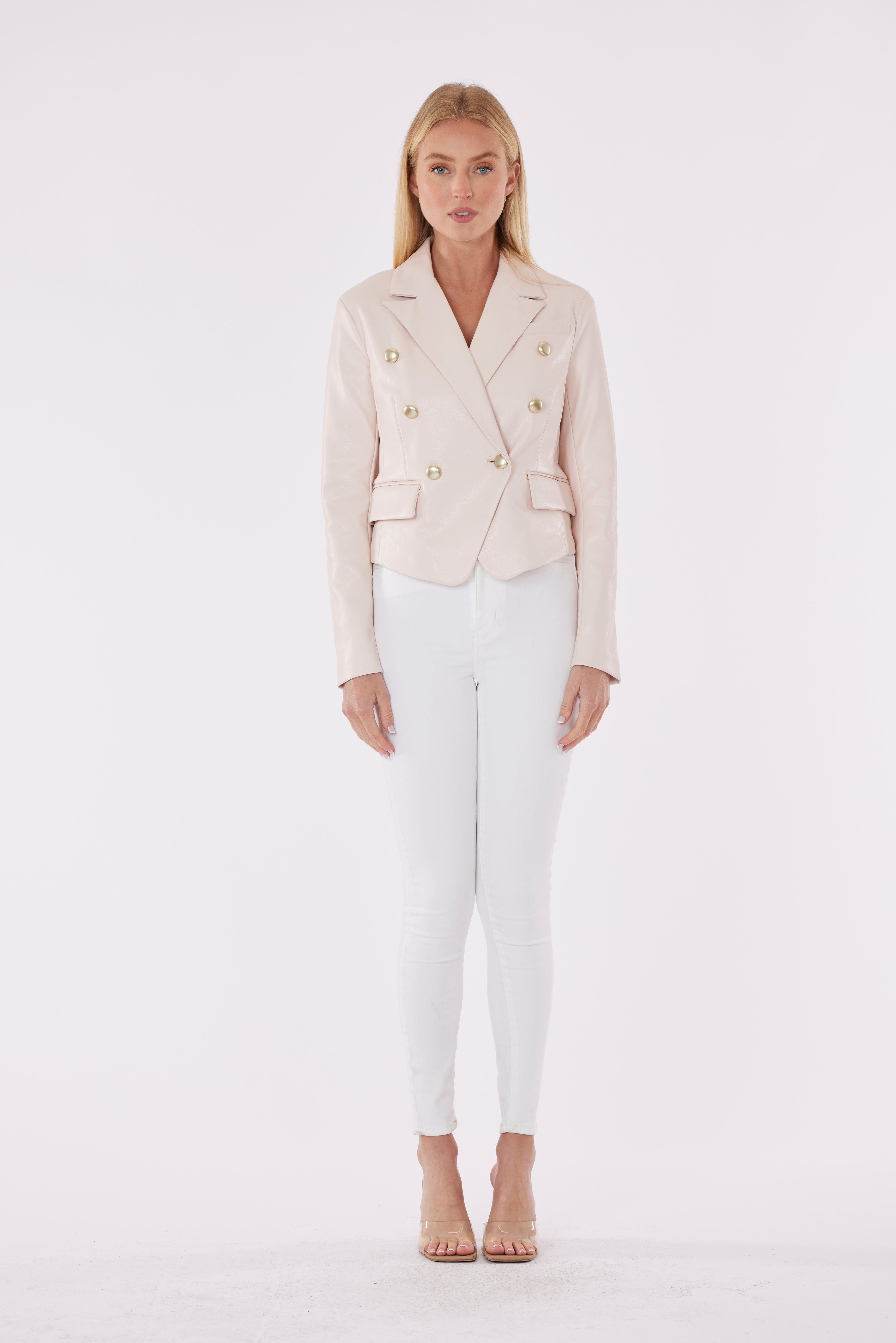 Cropped Faux Leather Double Breasted Blazer