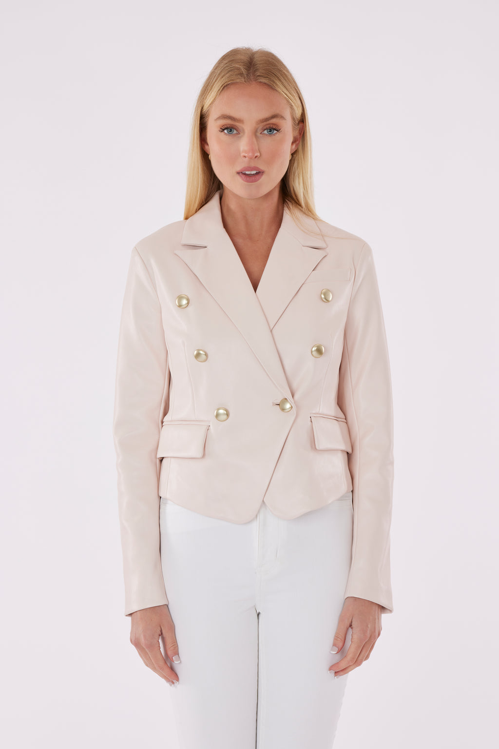 Cropped Faux Leather Double Breasted Blazer