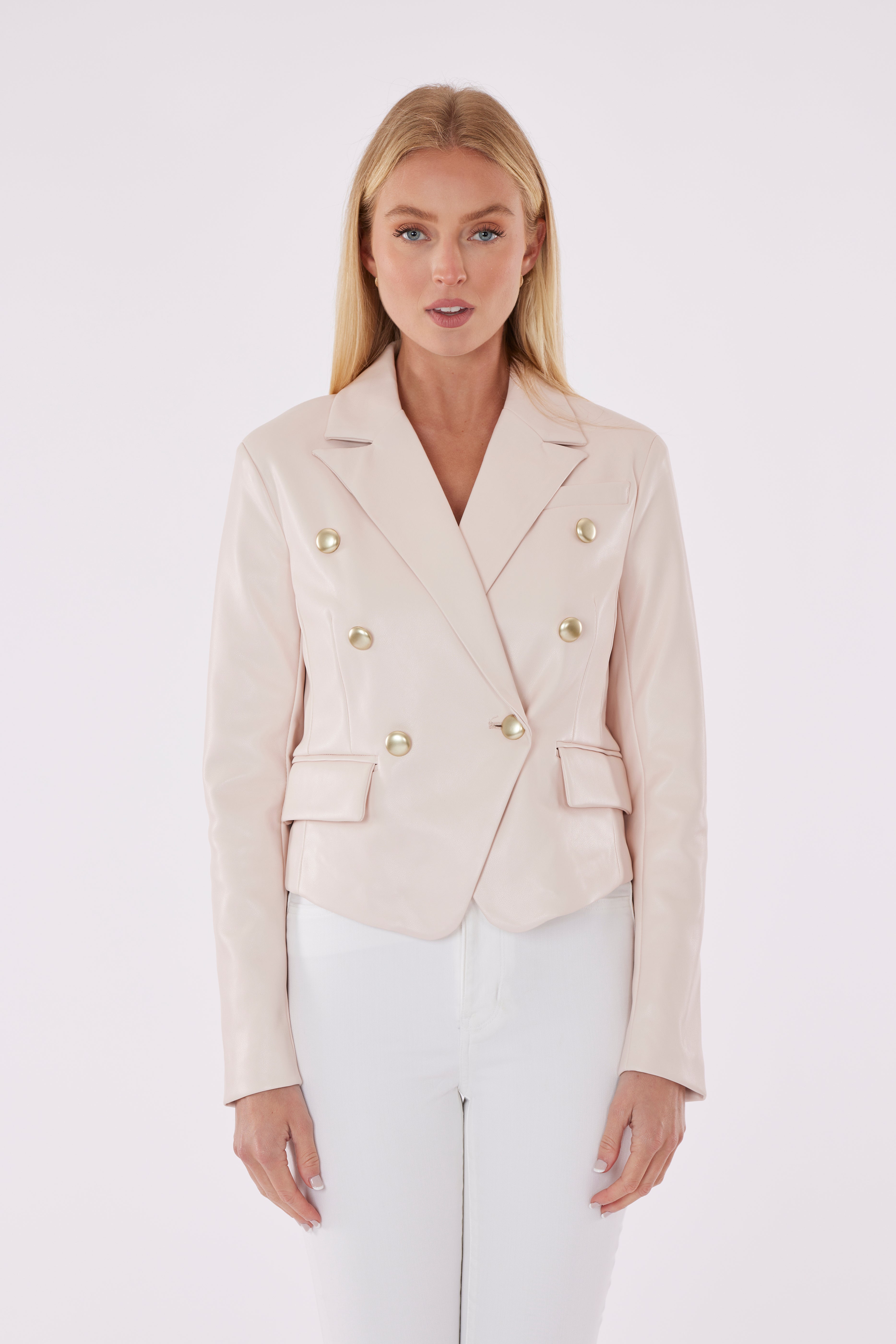 Cropped Faux Leather Double Breasted Blazer