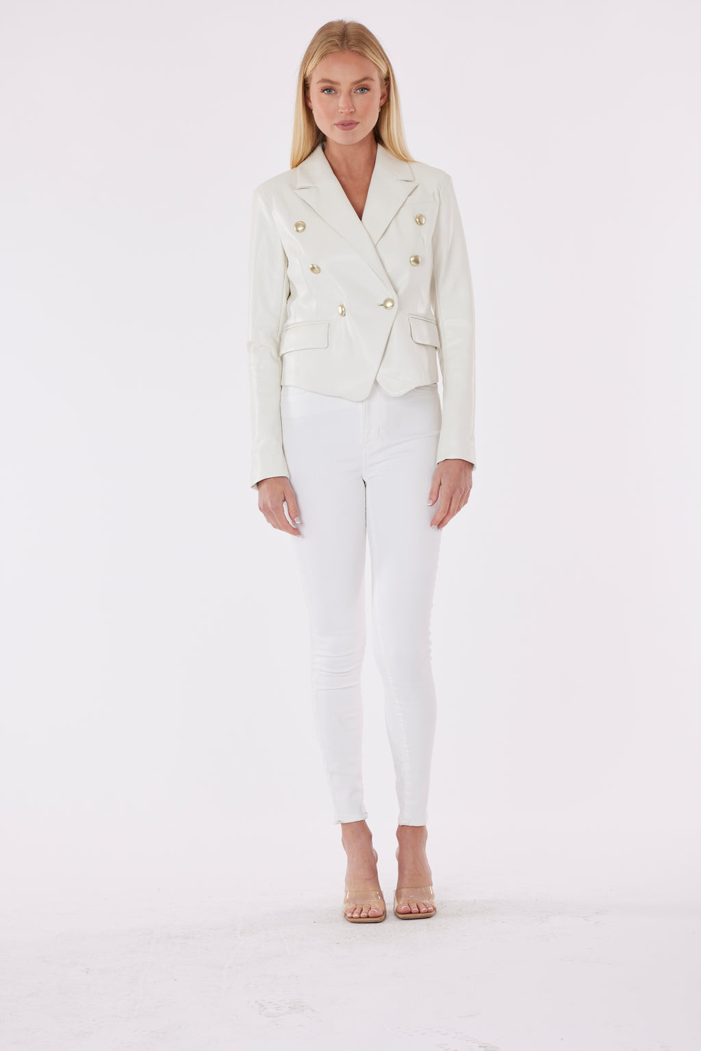 Cropped Faux Leather Double Breasted Blazer