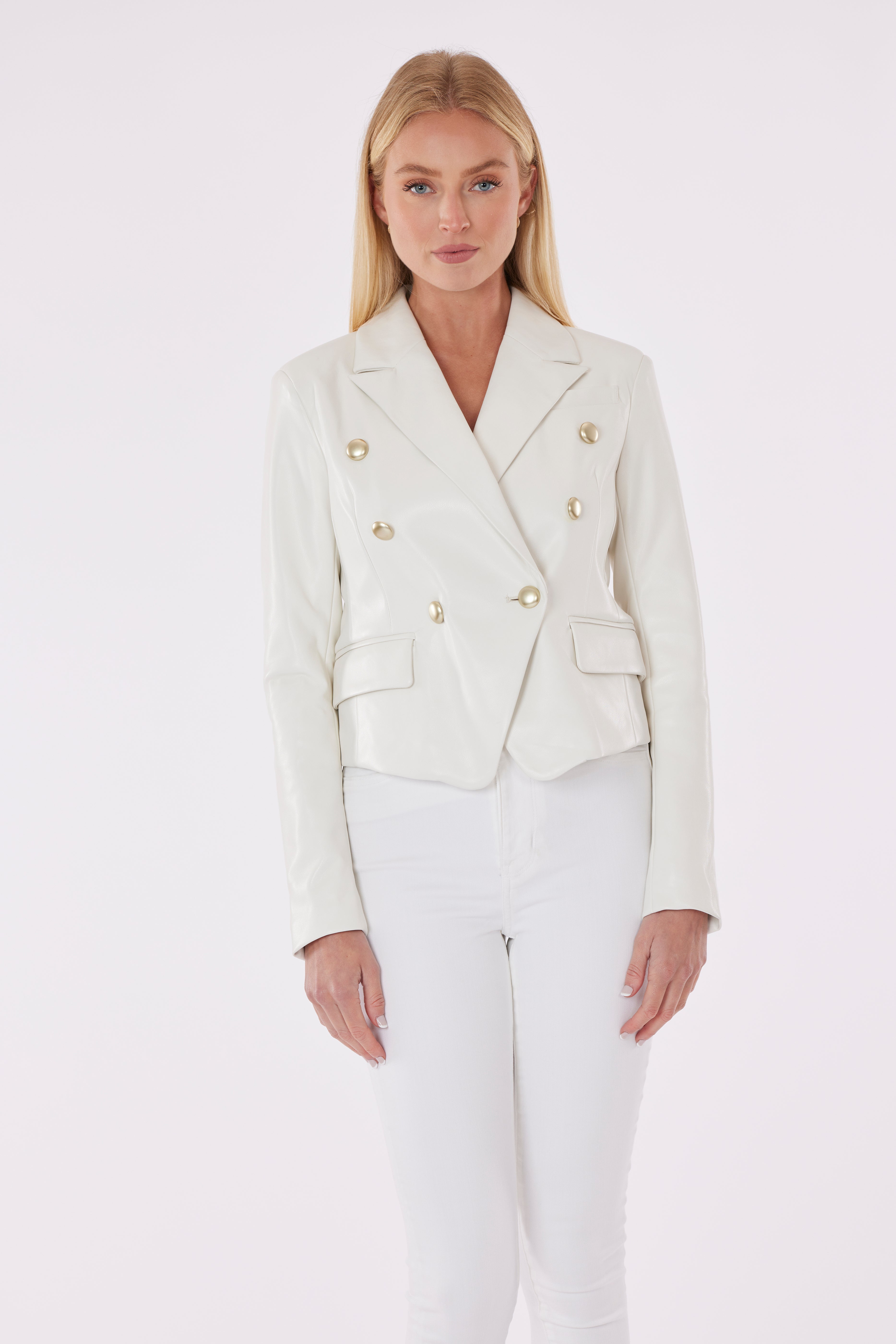 Cropped Faux Leather Double Breasted Blazer
