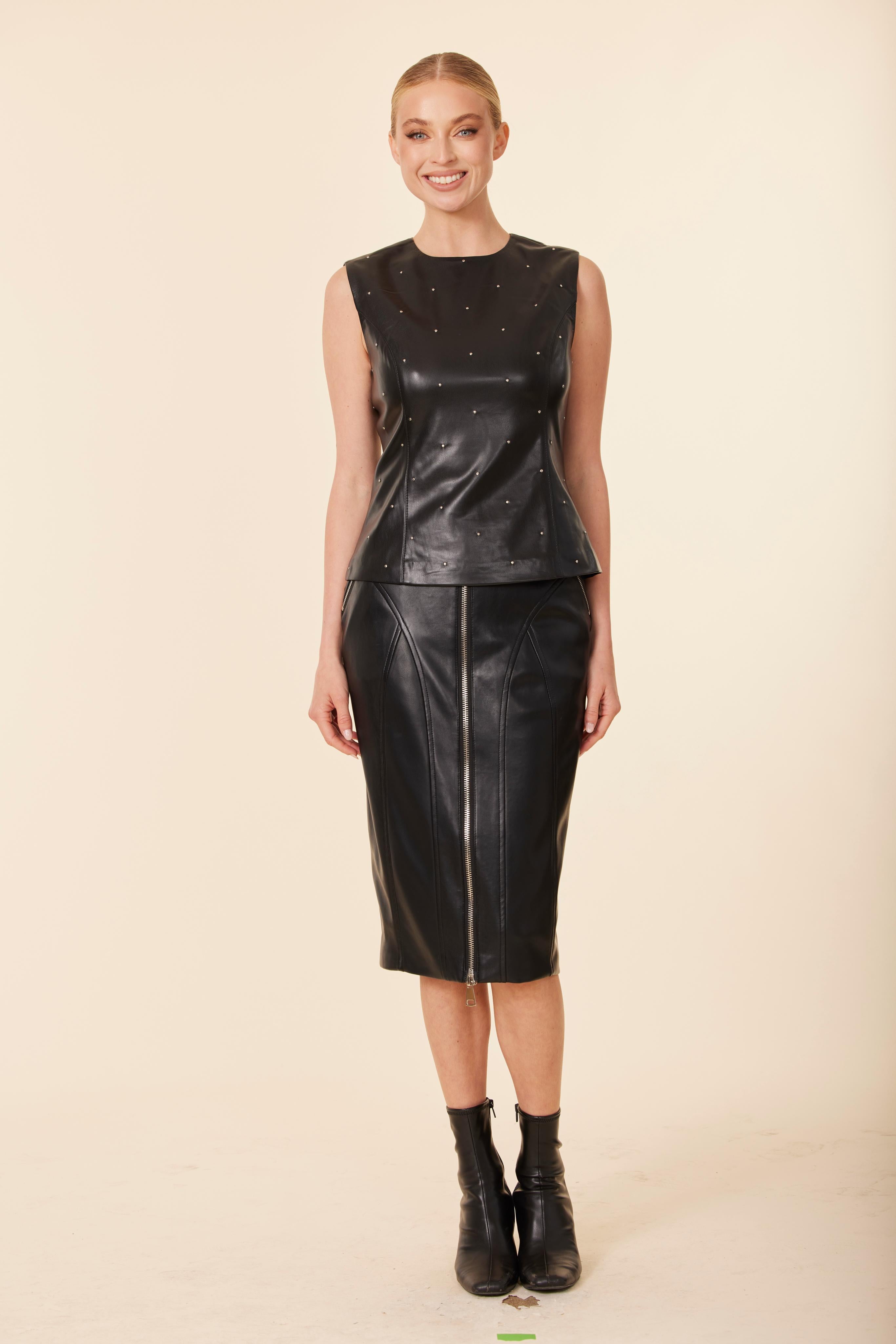Faux Leather Double Zip Long Skirt