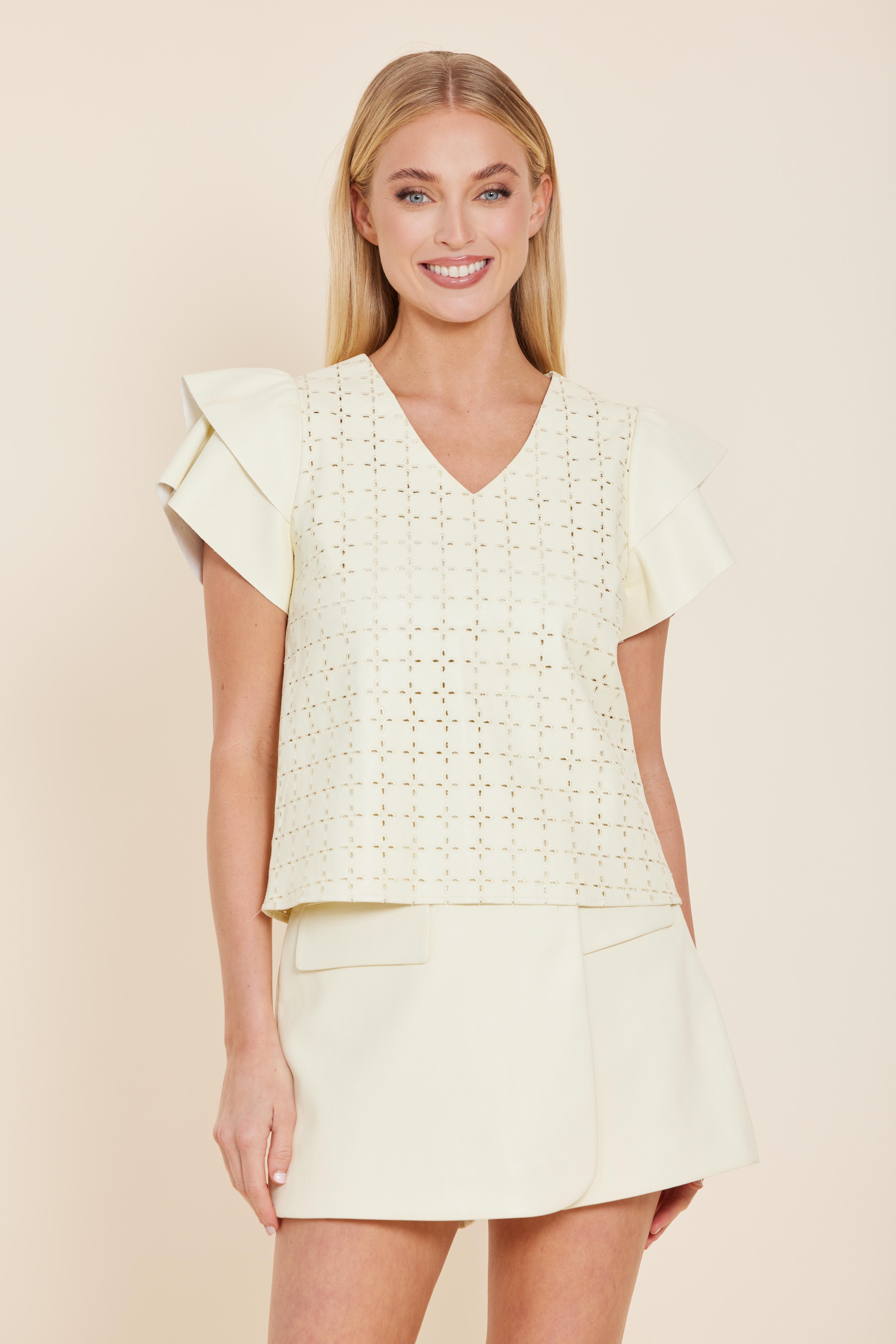 Faux Leather Flutter Sleeve Eyelet Top