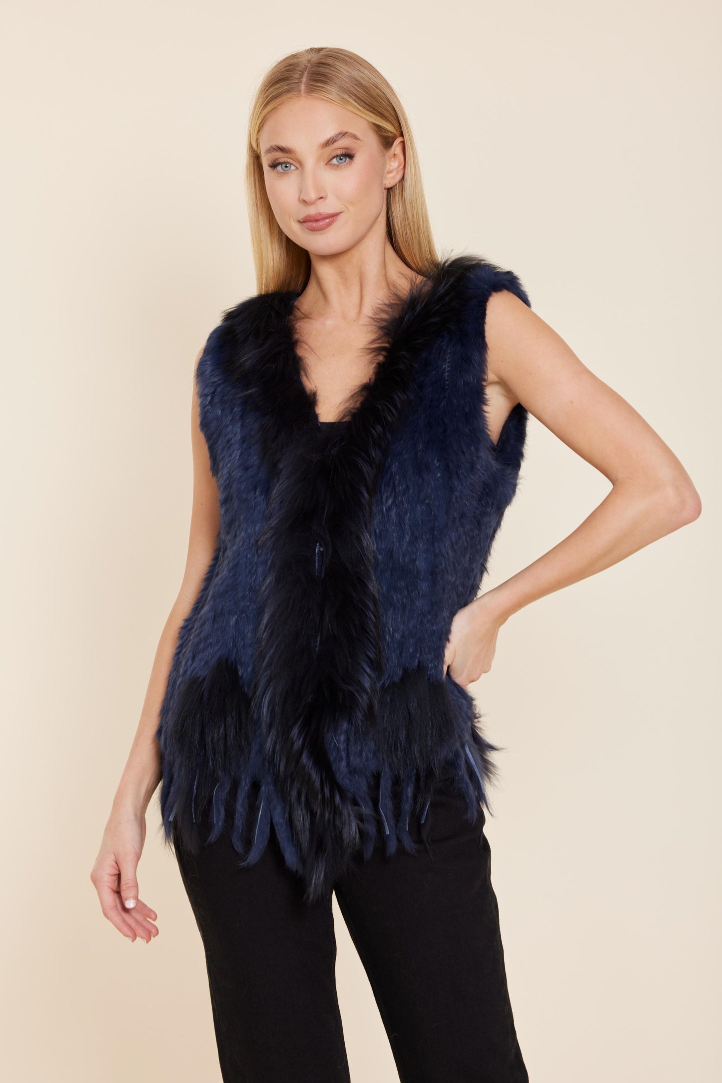 Rabbit Fur Vest with Raccoon Trim