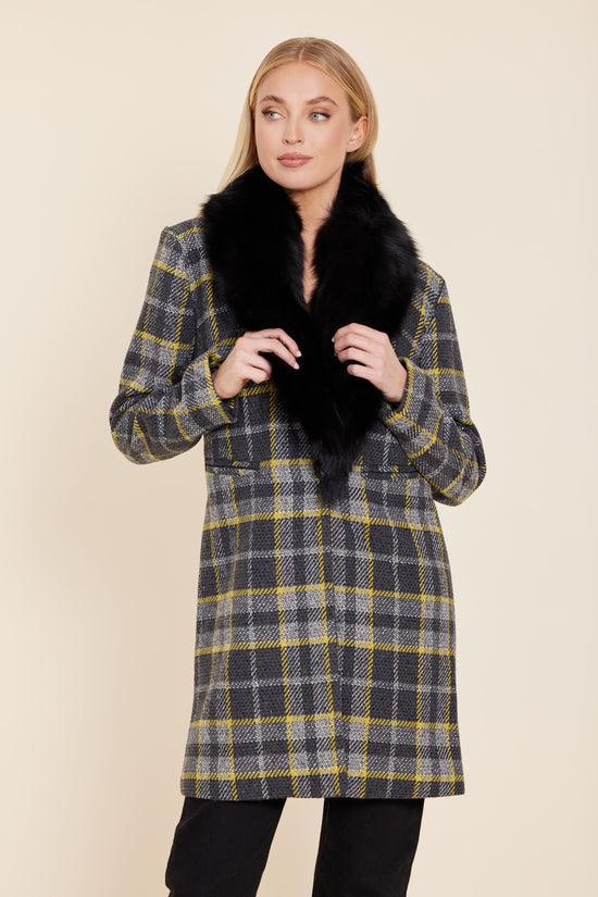 Long Plaid Coat with Detachable Fur Collar