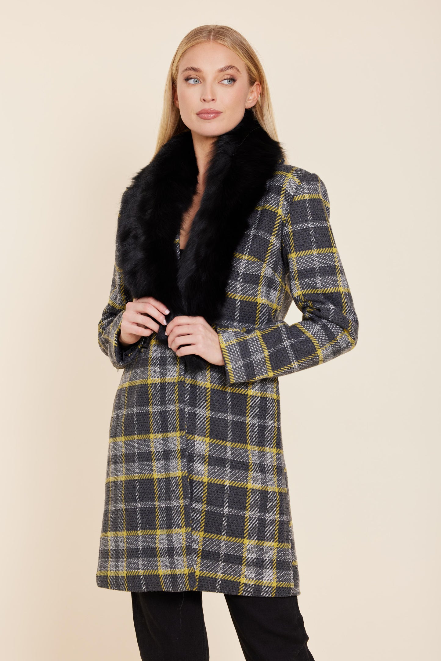 Long Plaid Coat with Detachable Fur Collar