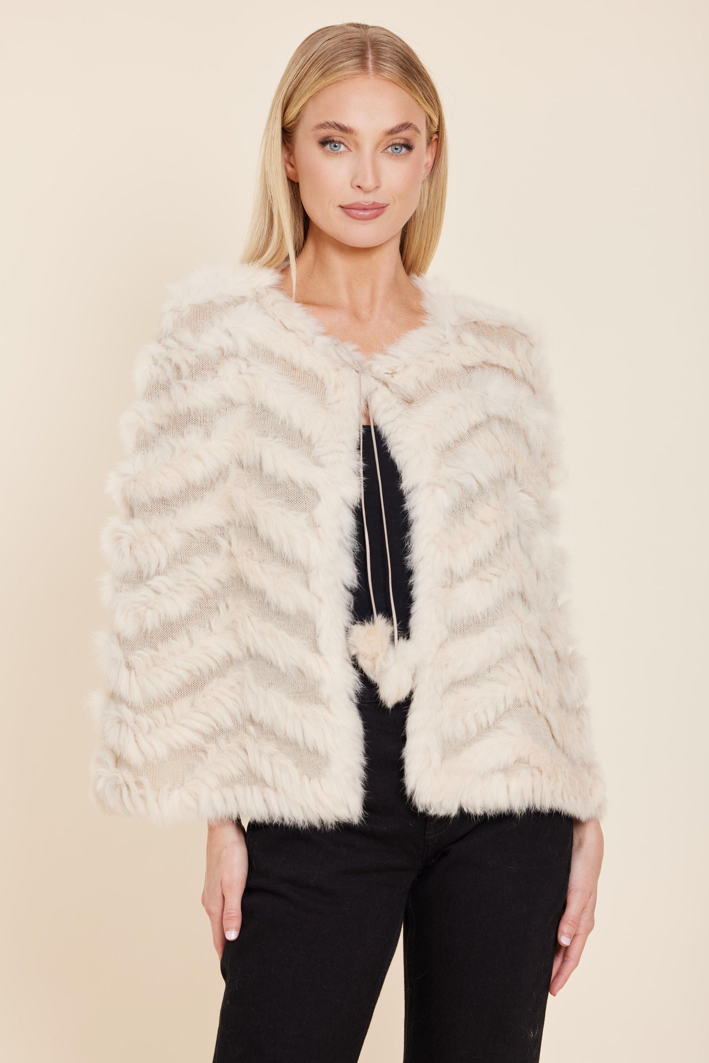Rabbit Fur Capelet with Pom Poms