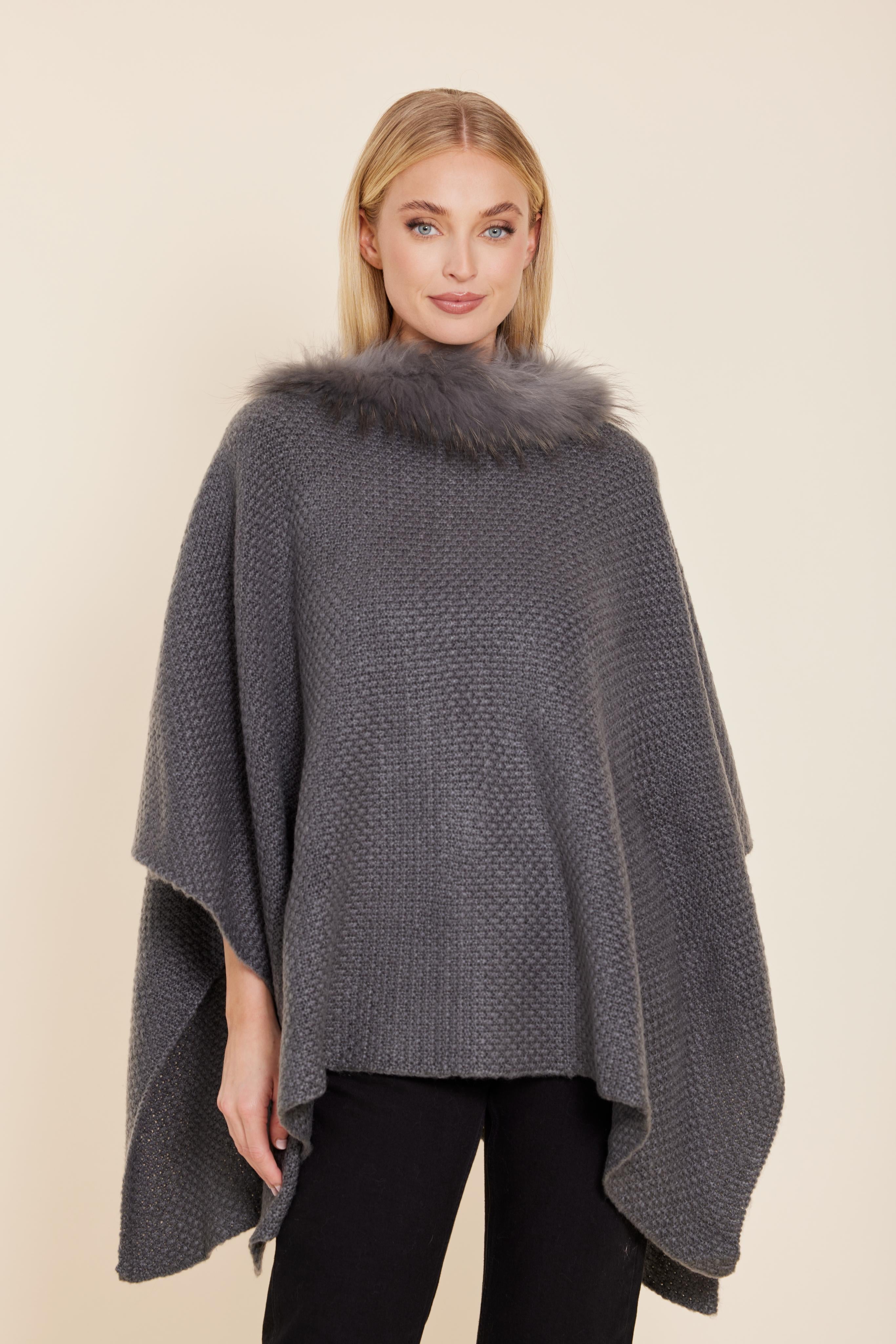 Fur Trim Knit Poncho