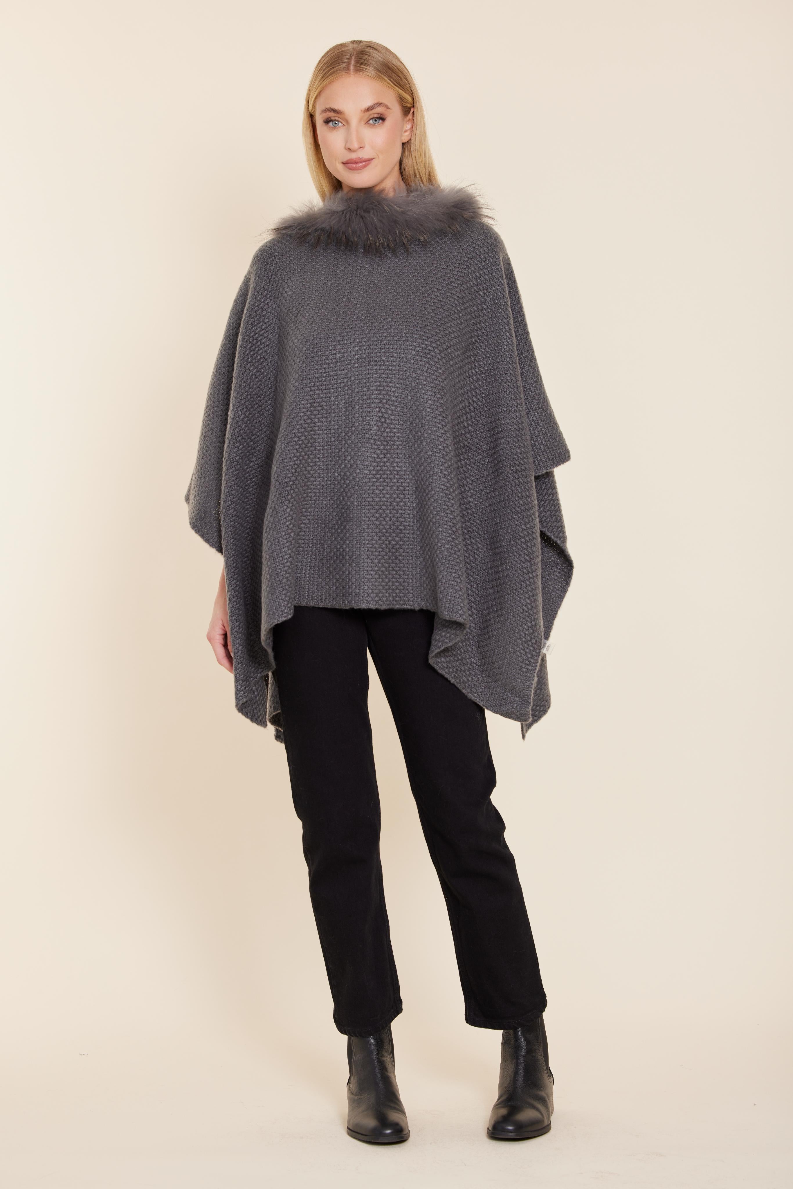 Fur Trim Knit Poncho