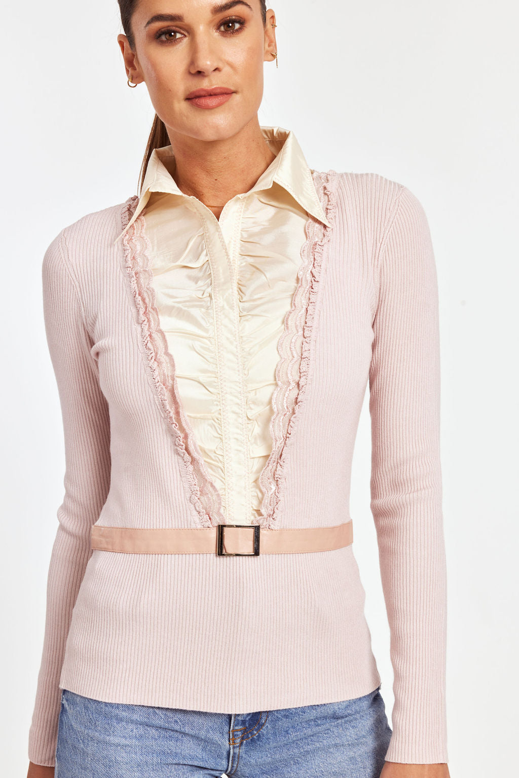 Ruffle Satin Insert Knit Pullover