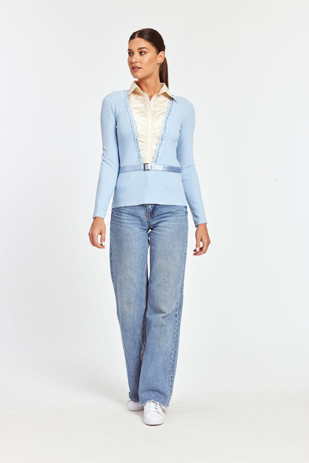 Ruffle Satin Insert Knit Pullover