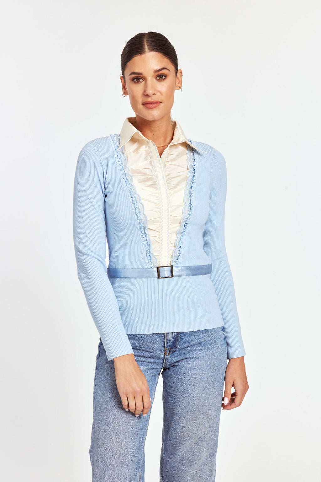Ruffle Satin Insert Knit Pullover