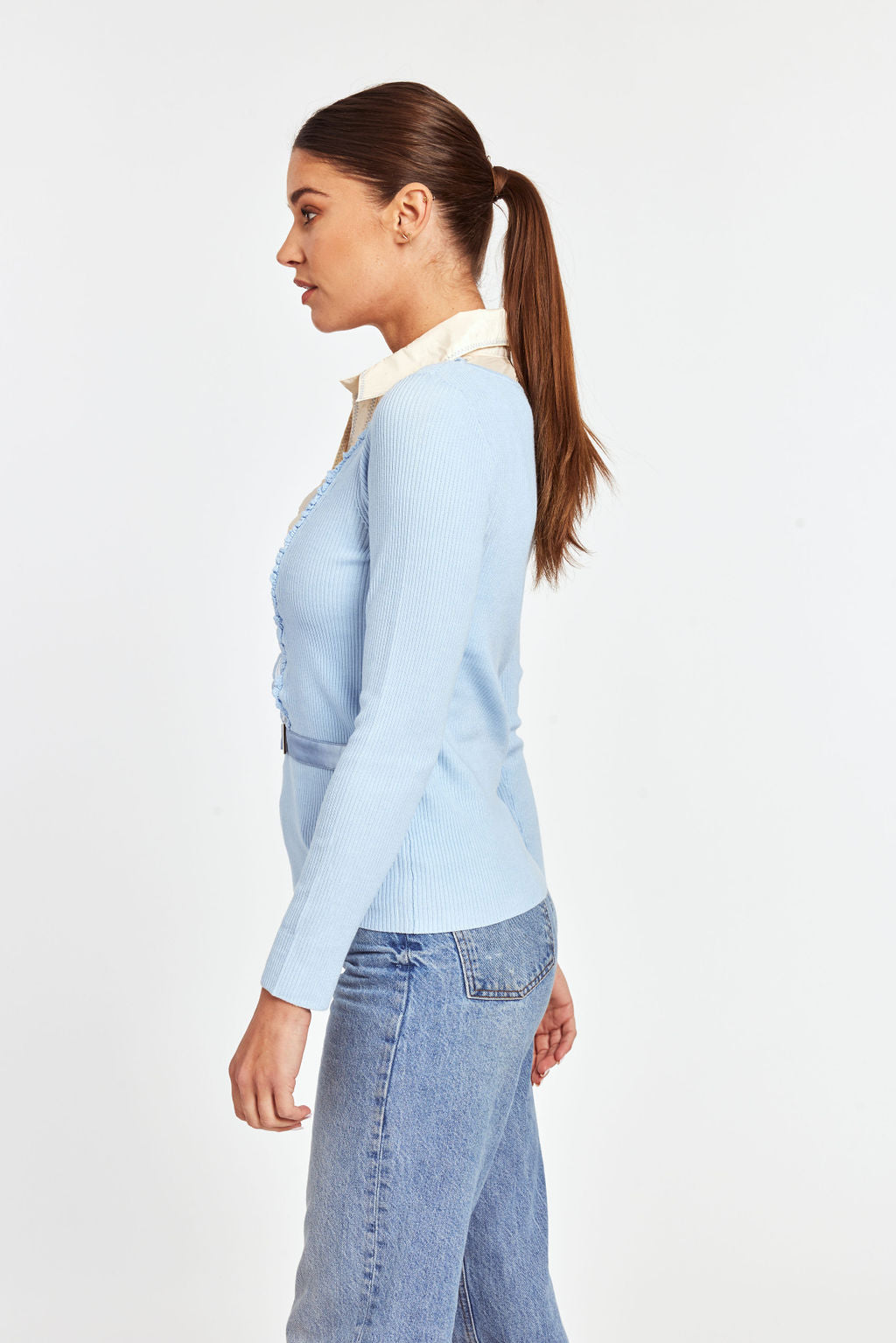 Ruffle Satin Insert Knit Pullover