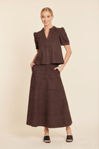 Faux Suede Paneled Full Skirt