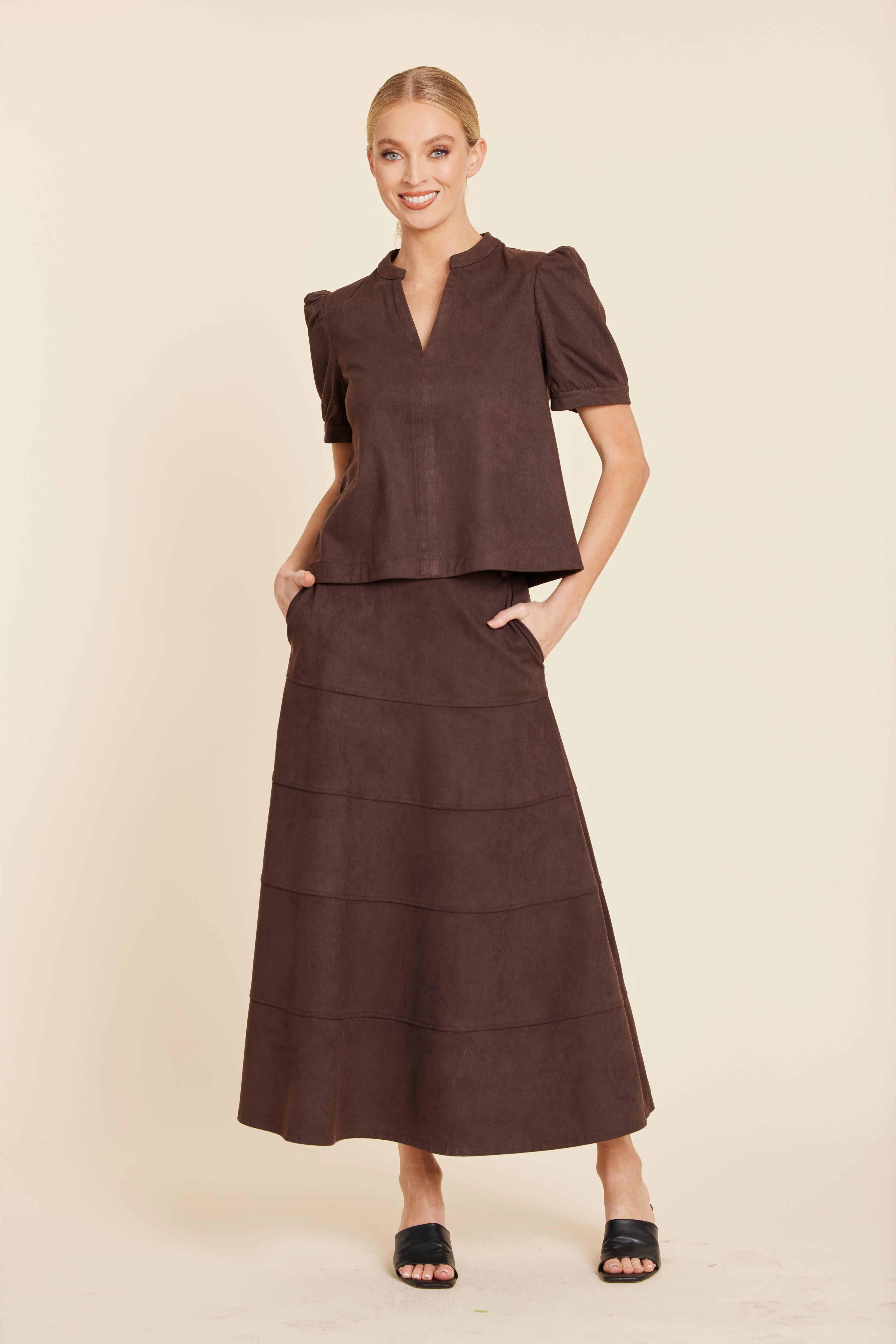 Faux Suede Paneled Full Skirt