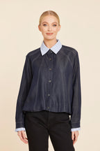 Denim Swing Jacket With Pinstripe Collar And Cuffs