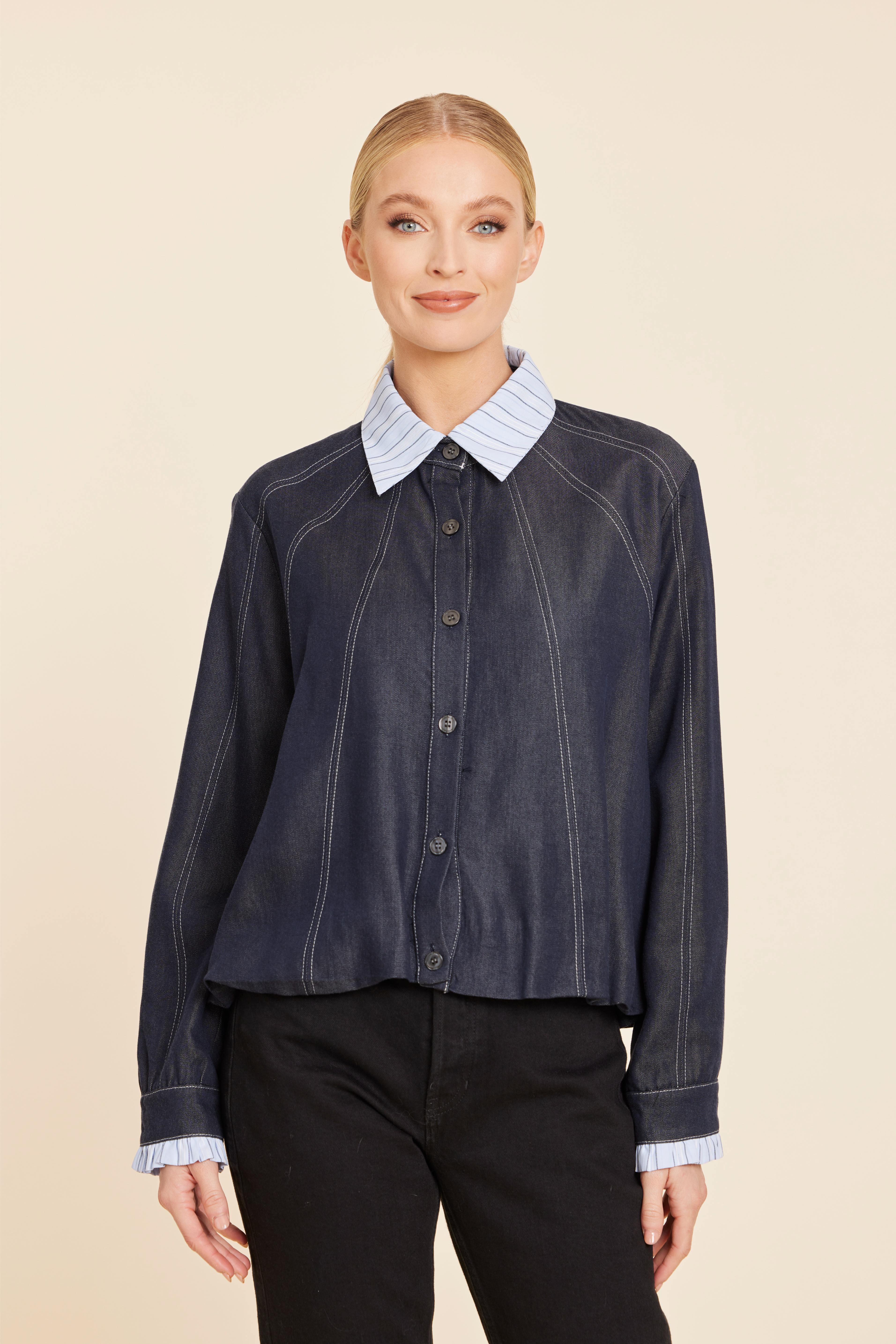 Denim Swing Jacket With Pinstripe Collar And Cuffs
