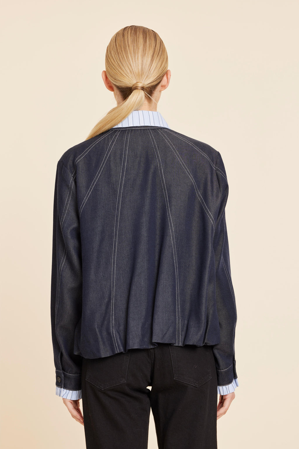 Denim Swing Jacket With Pinstripe Collar And Cuffs