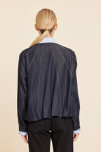 Denim Swing Jacket With Pinstripe Collar And Cuffs