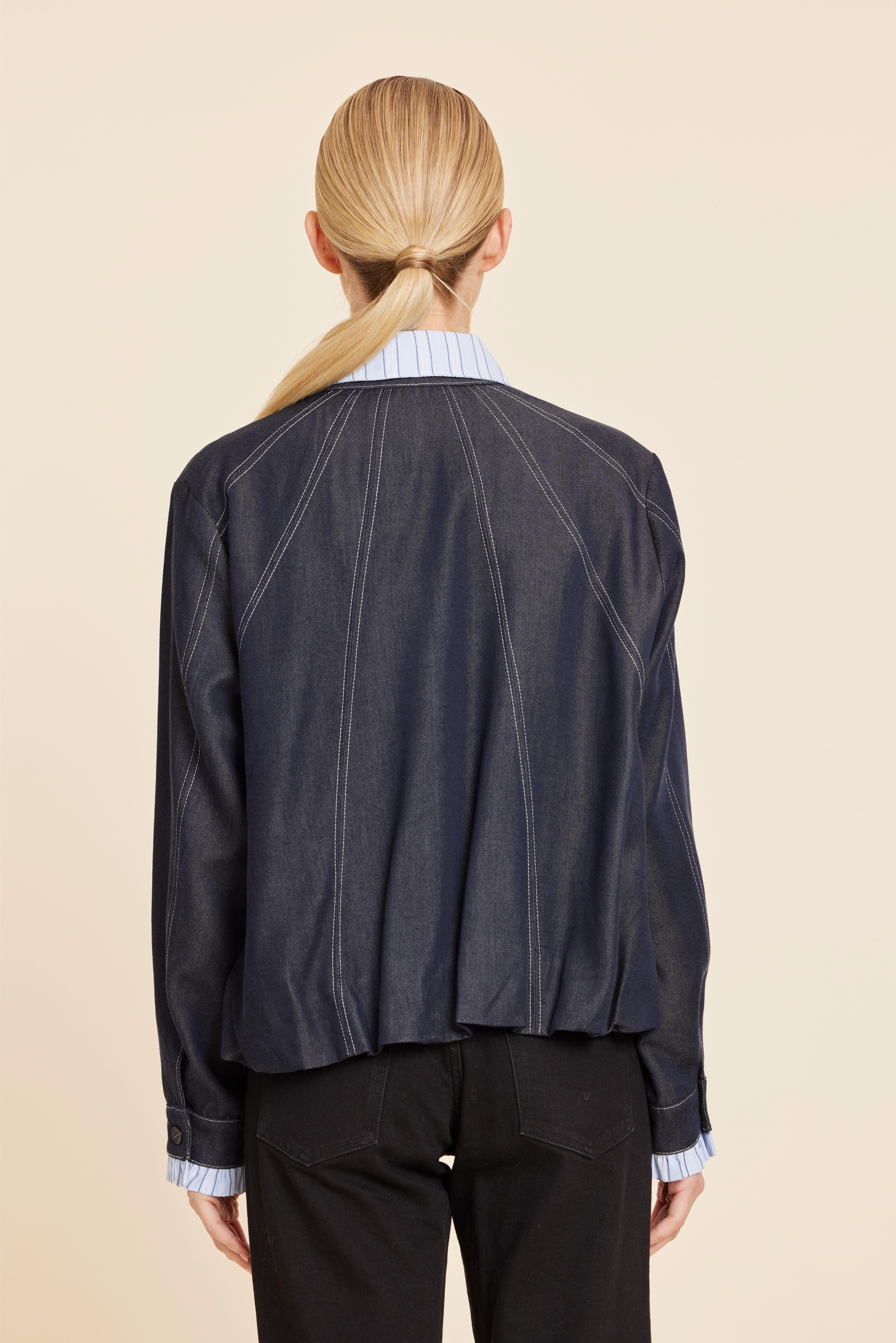 Denim Swing Jacket With Pinstripe Collar And Cuffs