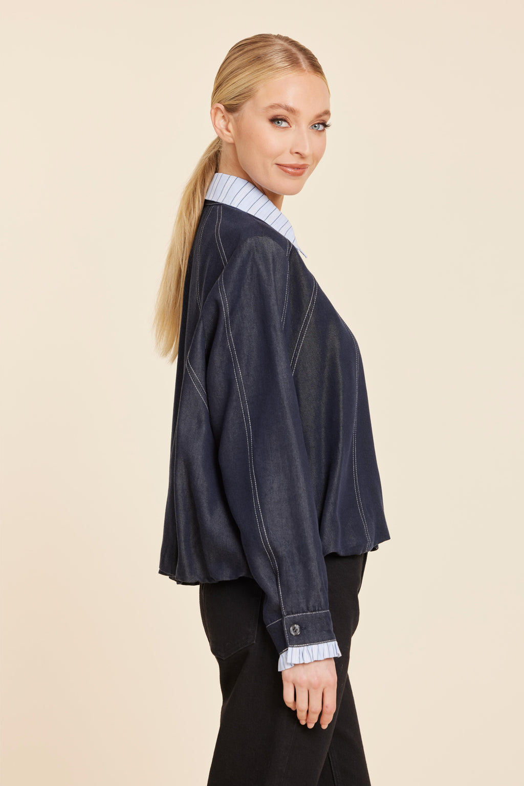 Denim Swing Jacket With Pinstripe Collar And Cuffs