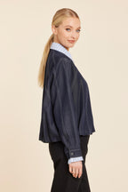 Denim Swing Jacket With Pinstripe Collar And Cuffs