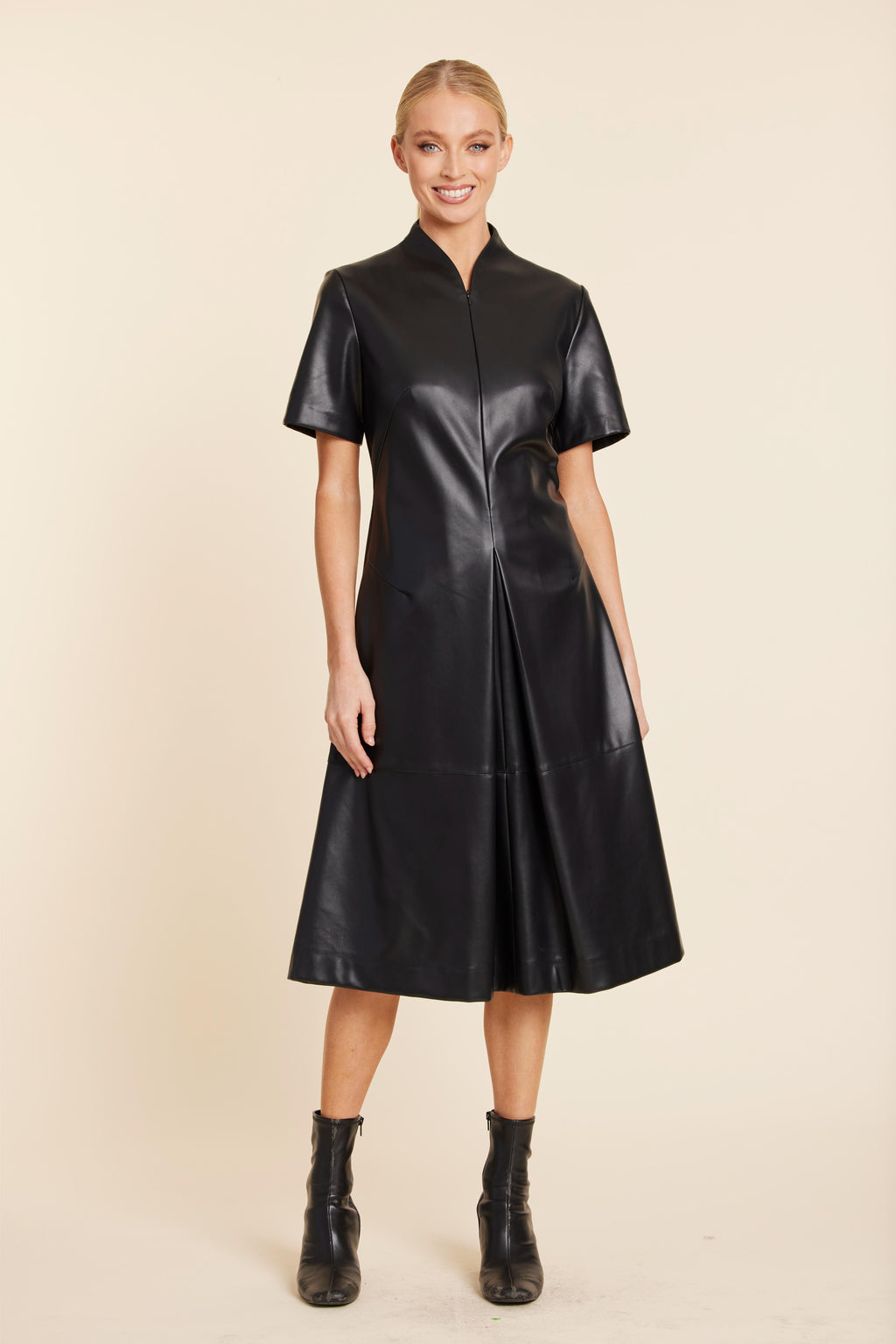 Faux Leather Inverted Pleat Dress