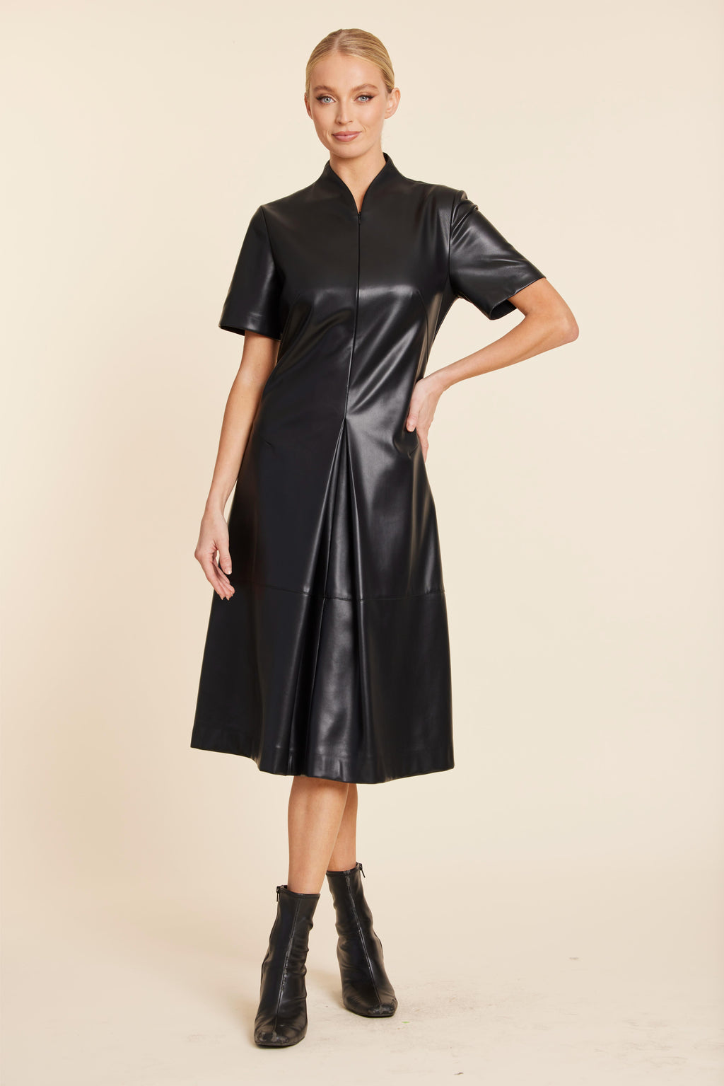 Faux Leather Inverted Pleat Dress