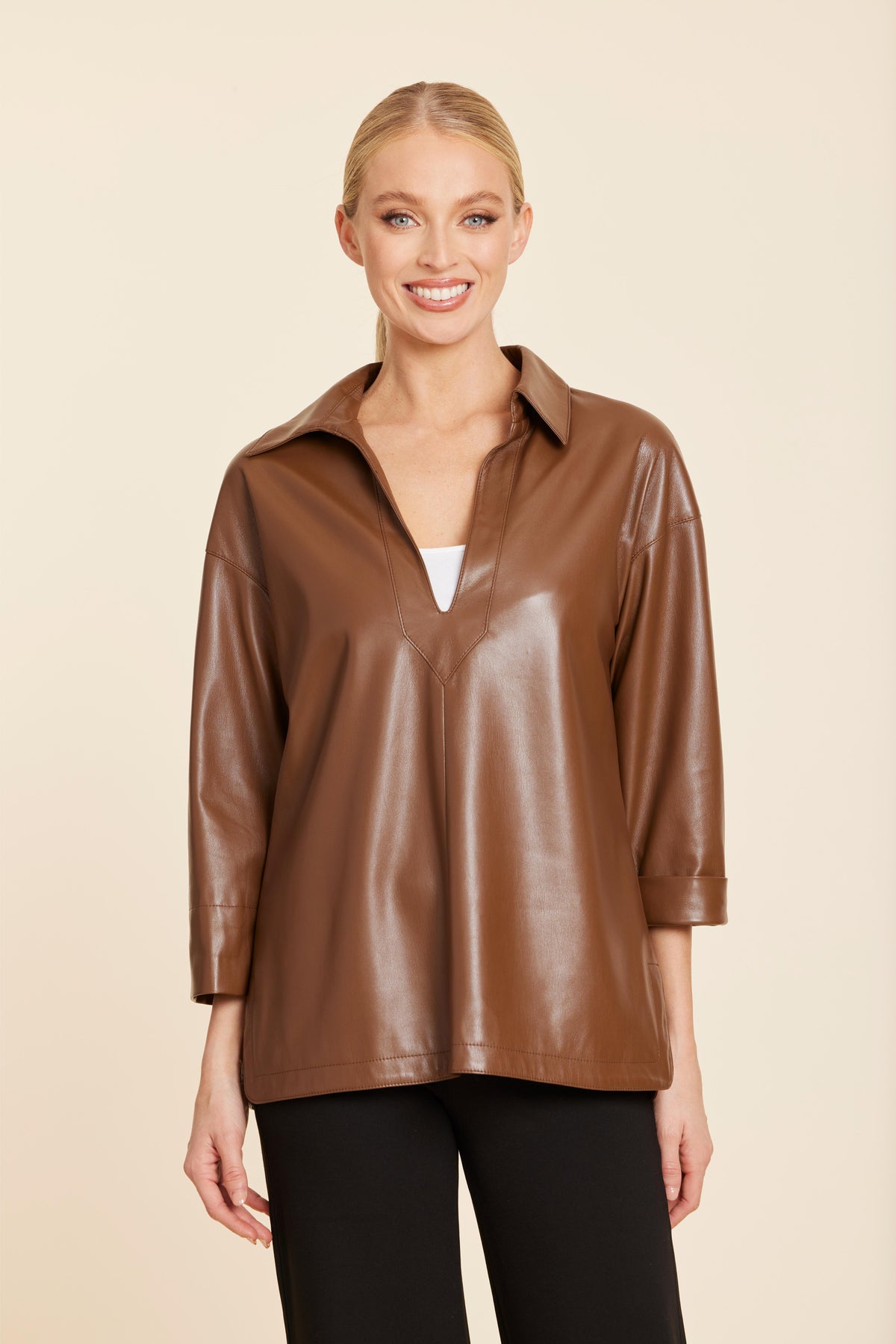 Faux Leather V Neck Johnny Collar Top