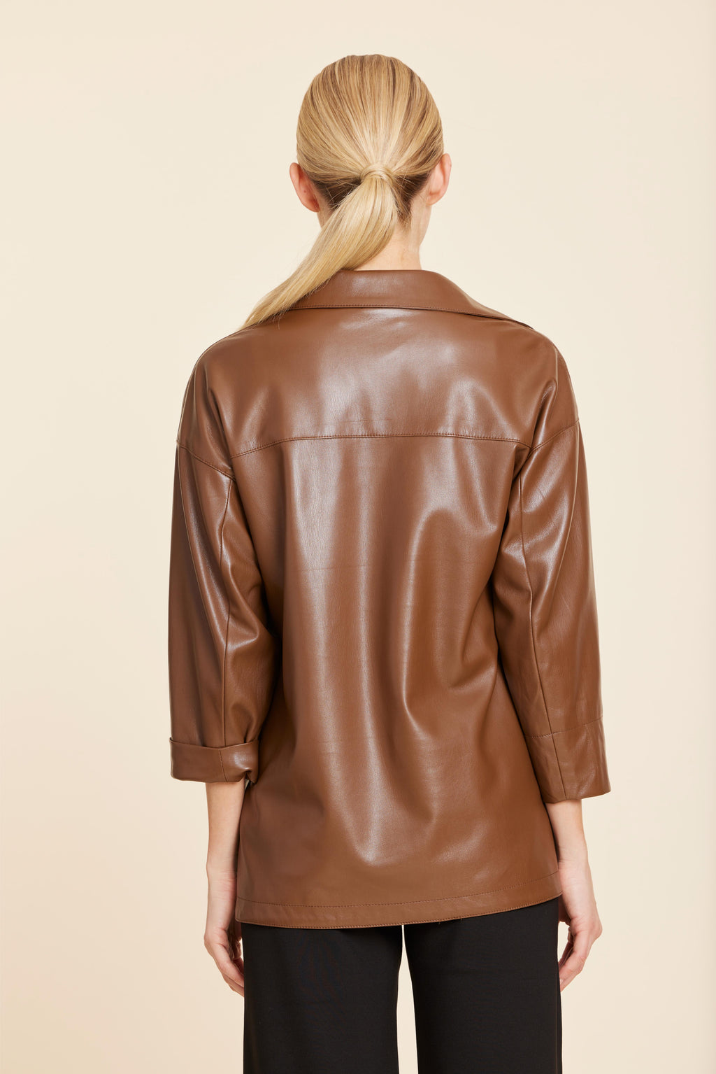 Faux Leather V Neck Johnny Collar Top