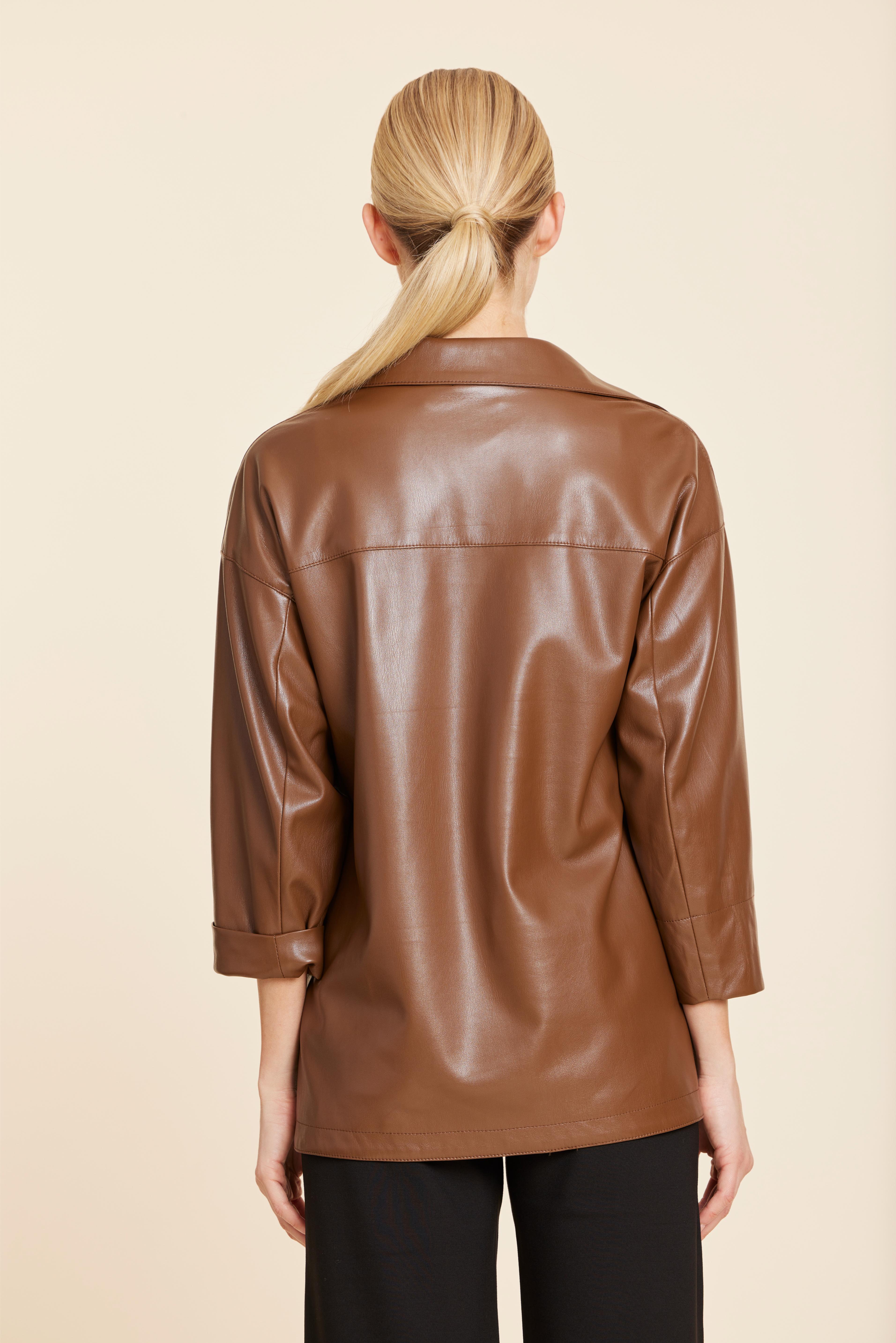 Faux Leather V Neck Johnny Collar Top
