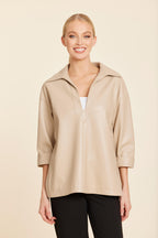 Faux Leather V Neck Johnny Collar Top