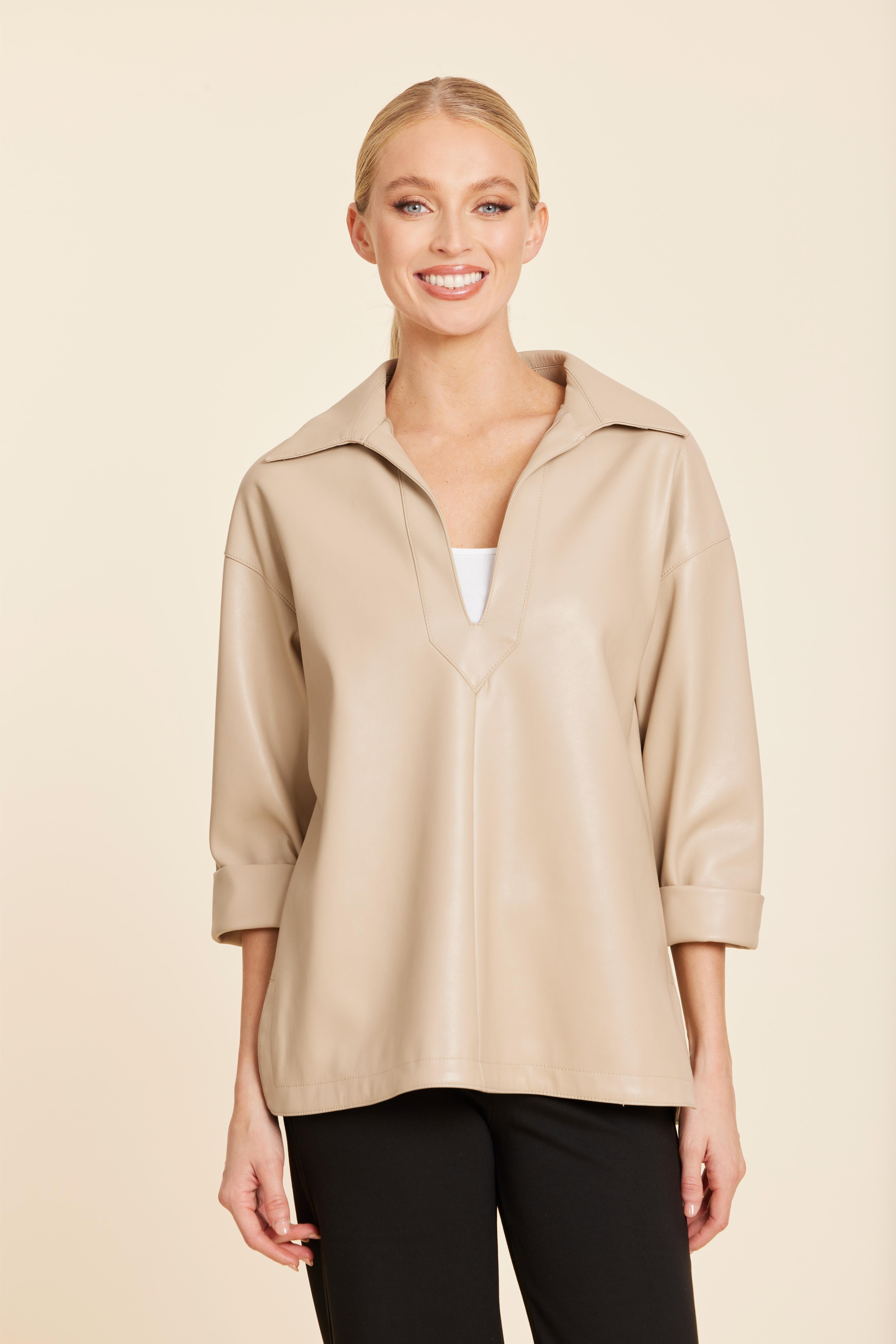 Faux Leather V Neck Johnny Collar Top