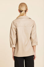 Faux Leather V Neck Johnny Collar Top
