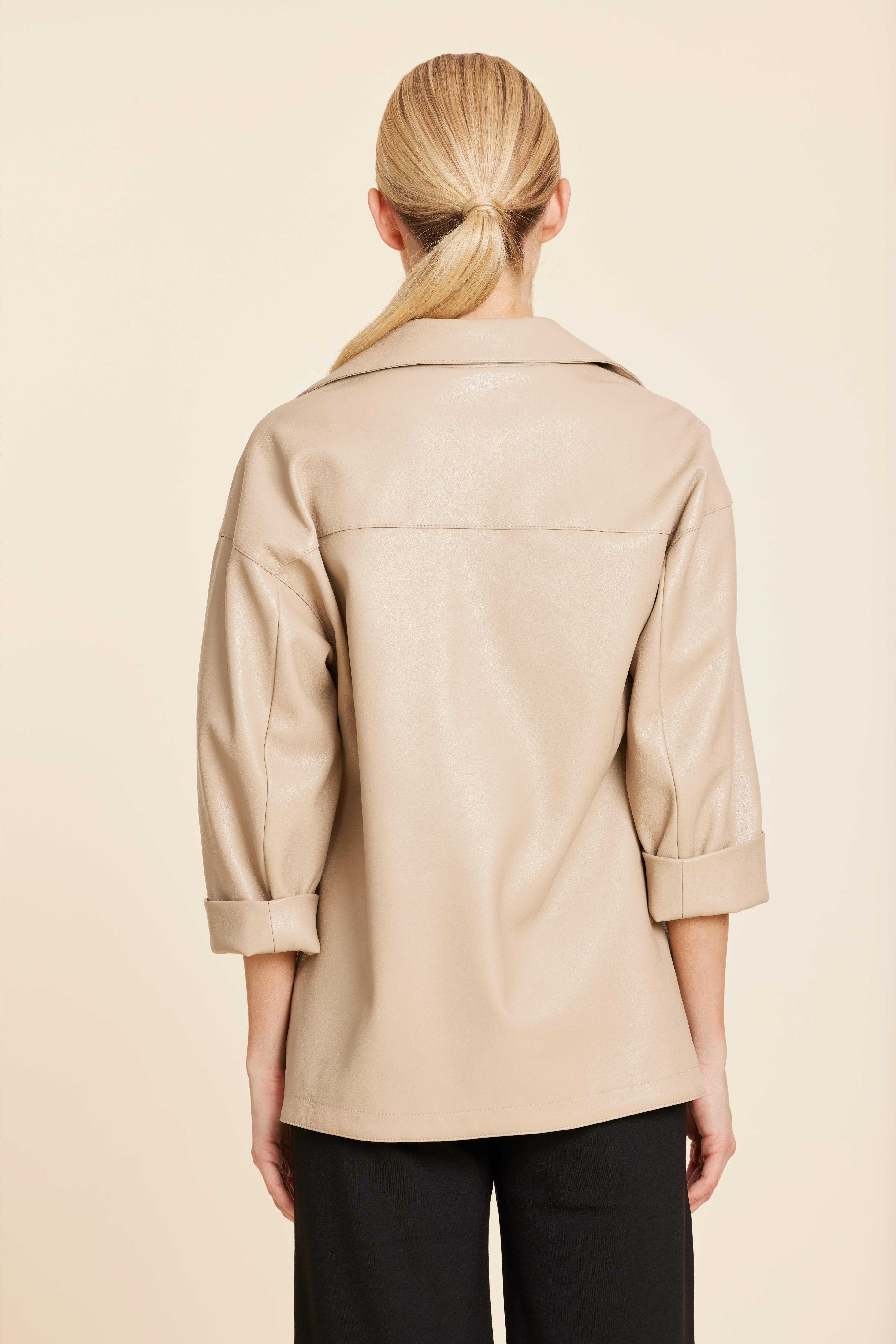 Faux Leather V Neck Johnny Collar Top