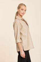 Faux Leather V Neck Johnny Collar Top