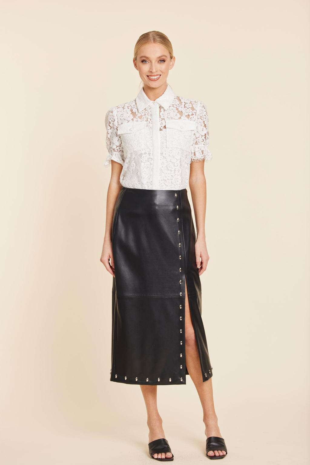 Faux Leather Studded Detail Midi Skirt