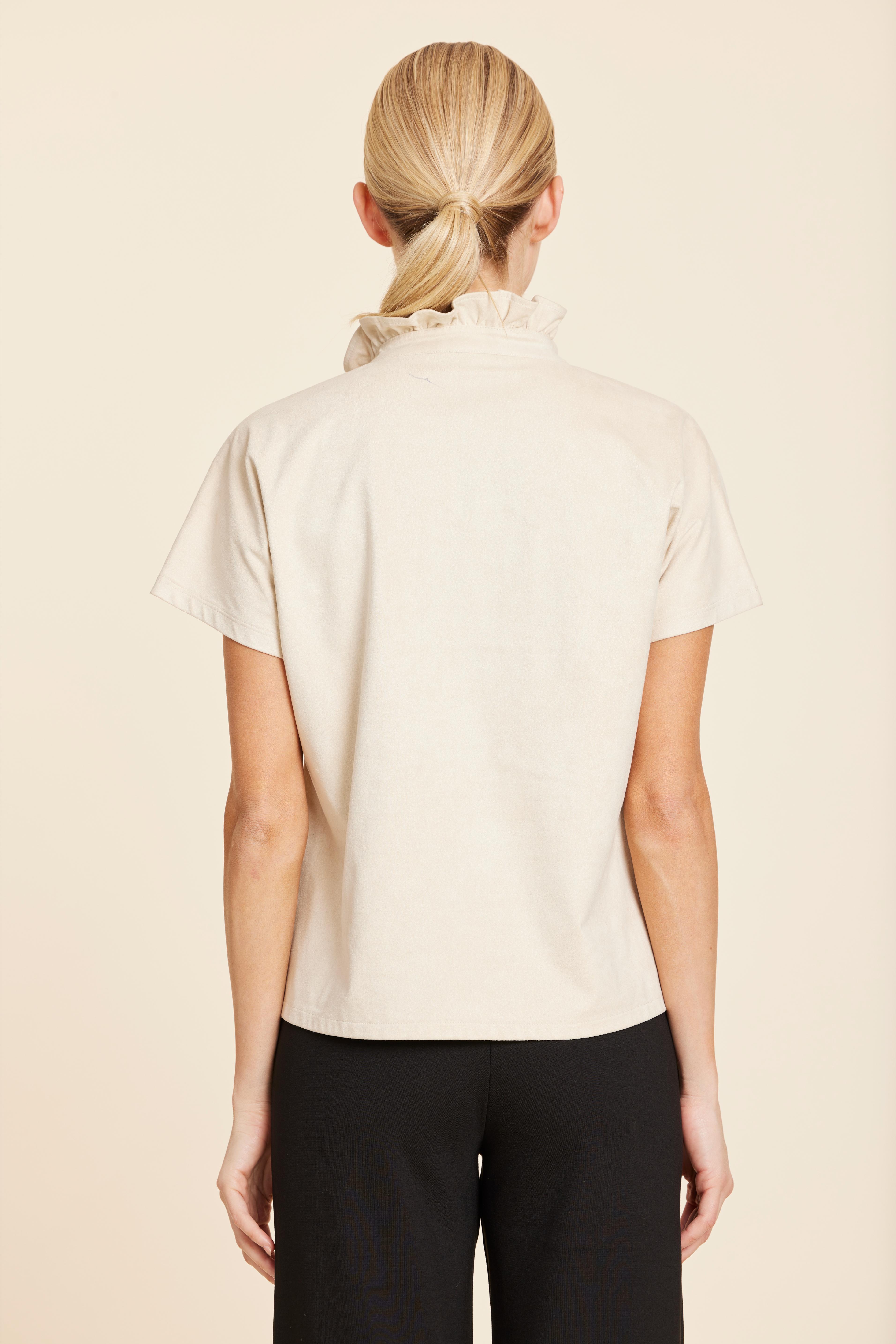 Faux Suede Ruffle Standup Collar V-Neck Top