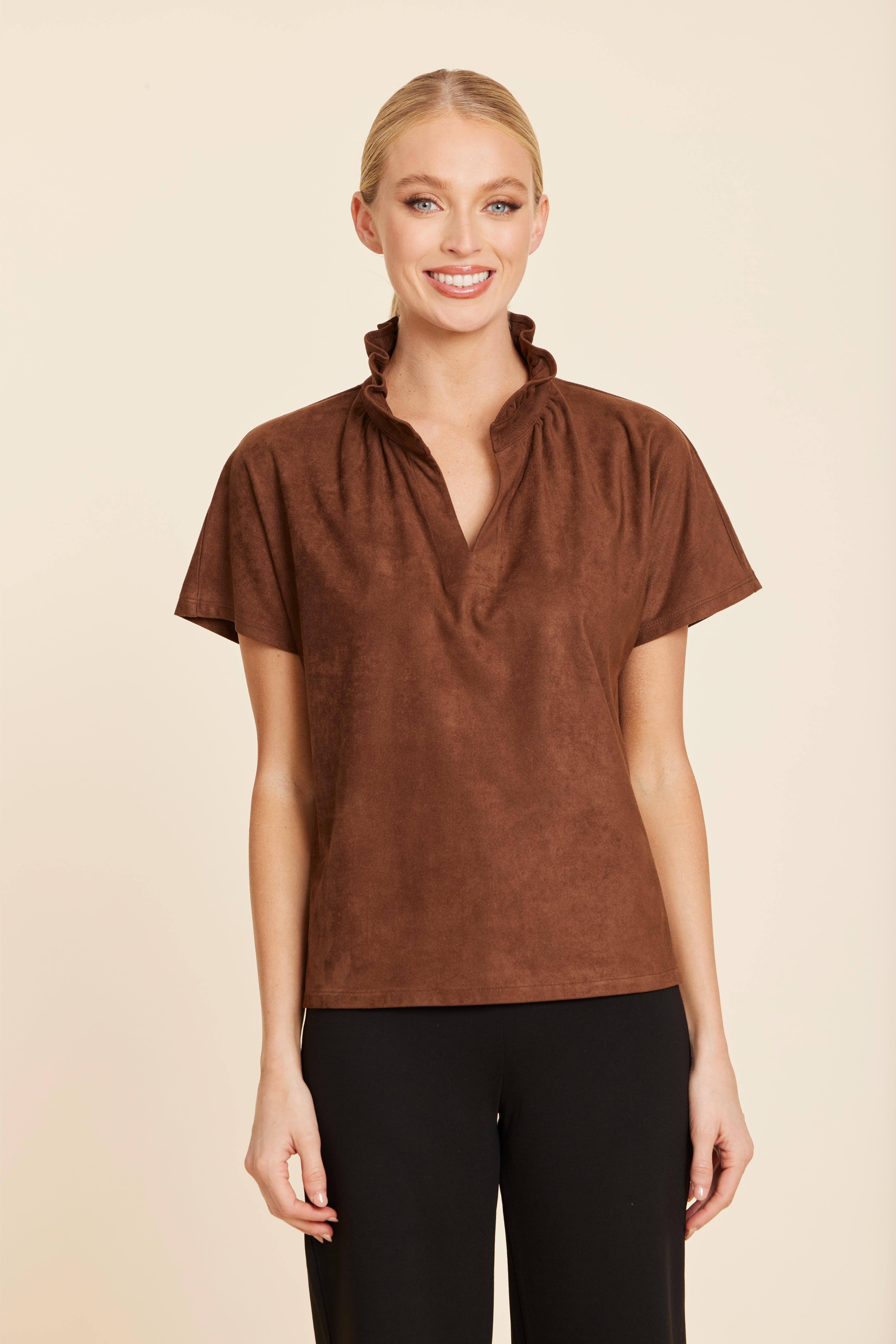Faux Suede Ruffle Standup Collar V-Neck Top