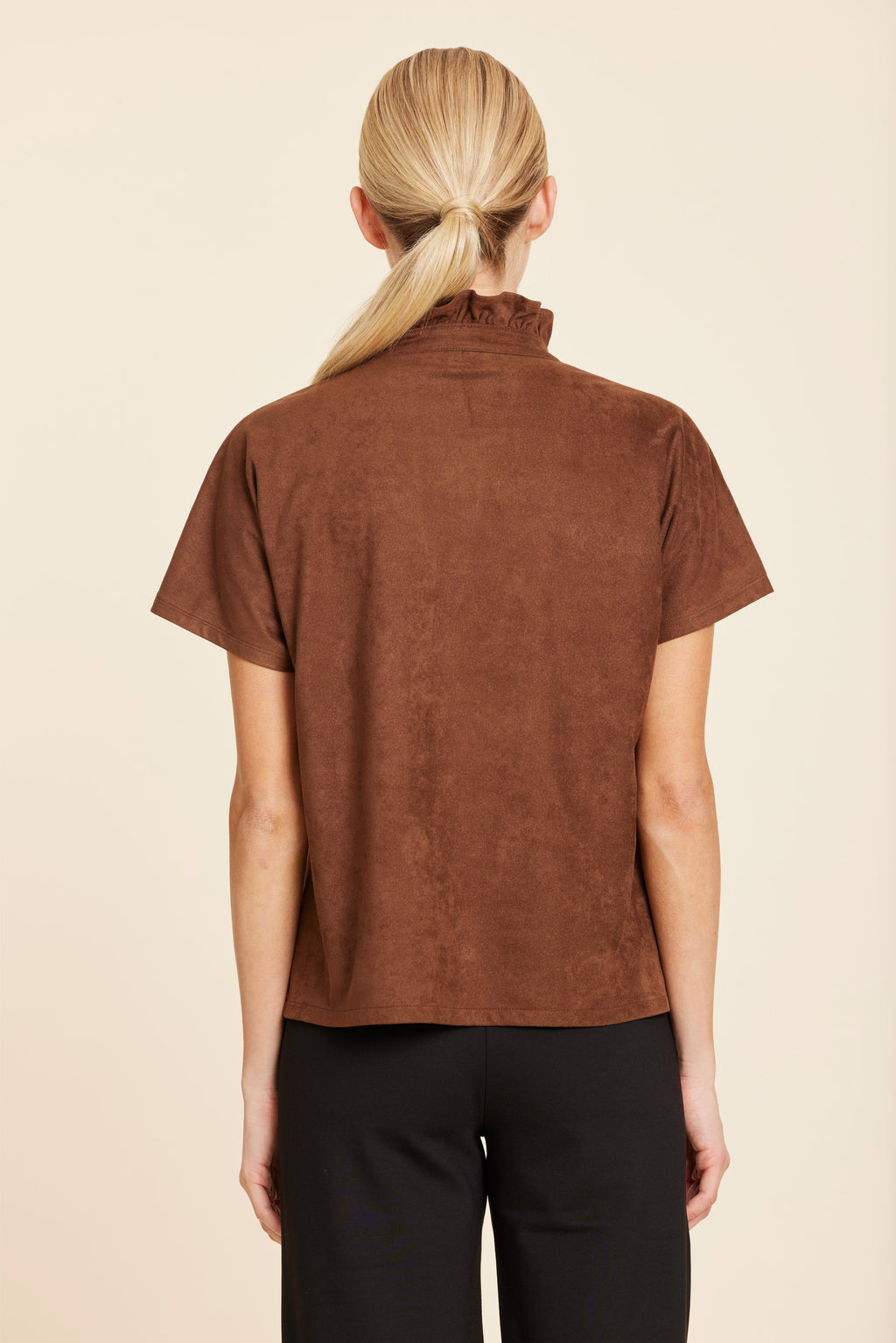 Faux Suede Ruffle Standup Collar V-Neck Top