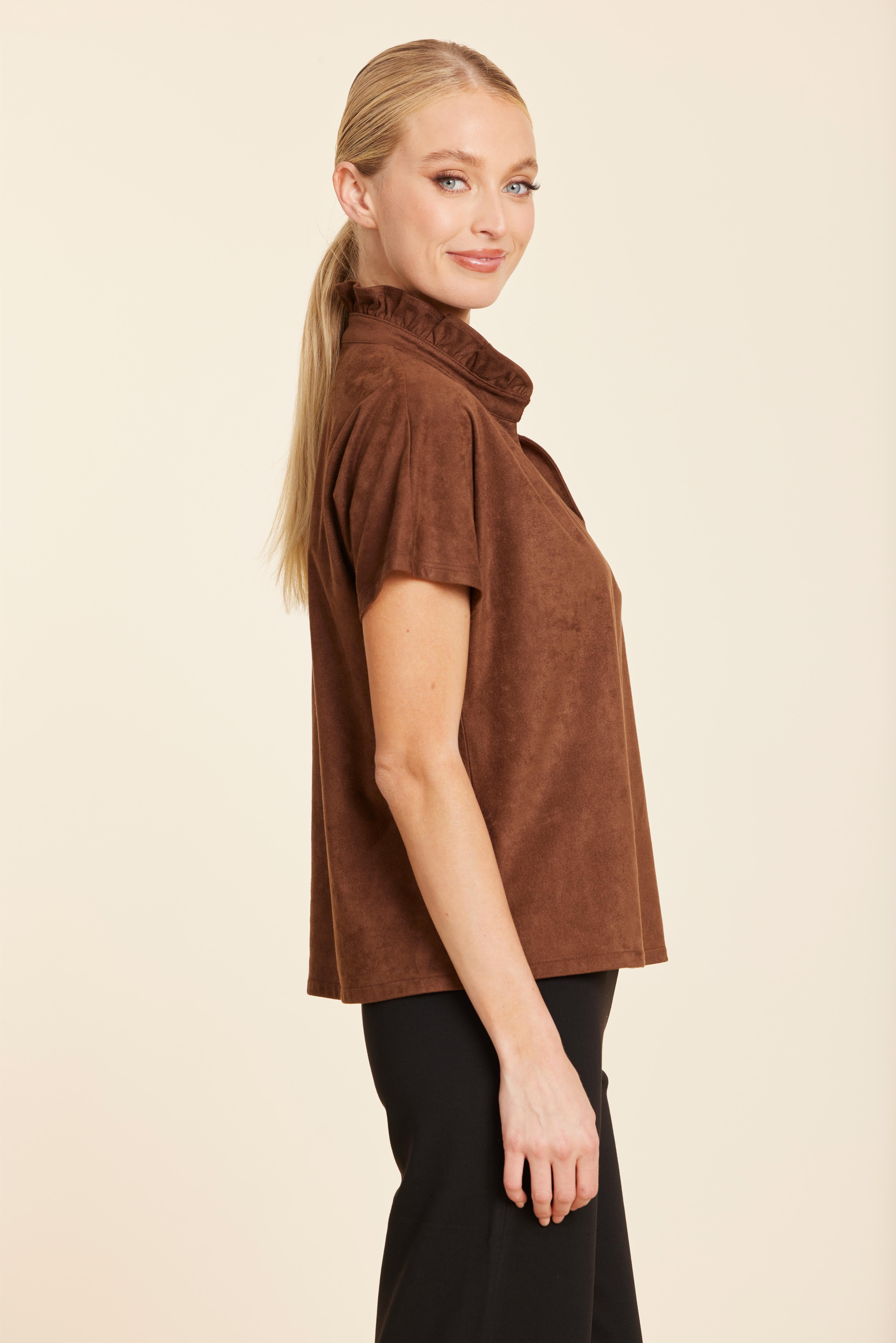 Faux Suede Ruffle Standup Collar V-Neck Top