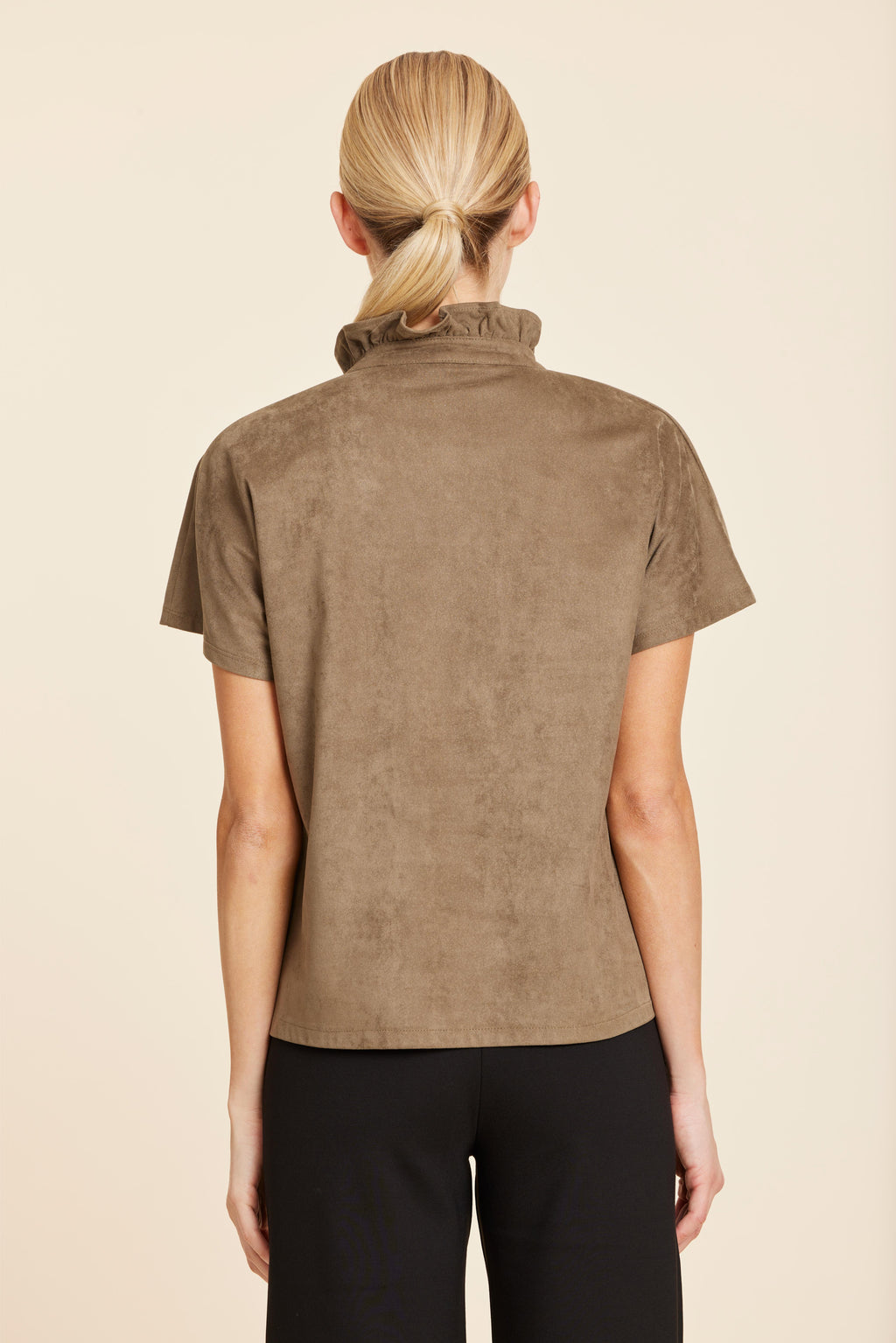 Faux Suede Ruffle Standup Collar V-Neck Top
