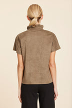 Faux Suede Ruffle Standup Collar V-Neck Top