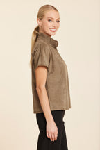 Faux Suede Ruffle Standup Collar V-Neck Top