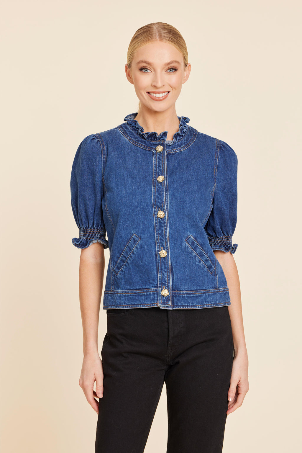 Denim Ruffle Neck And Cuff Shirt Jacket