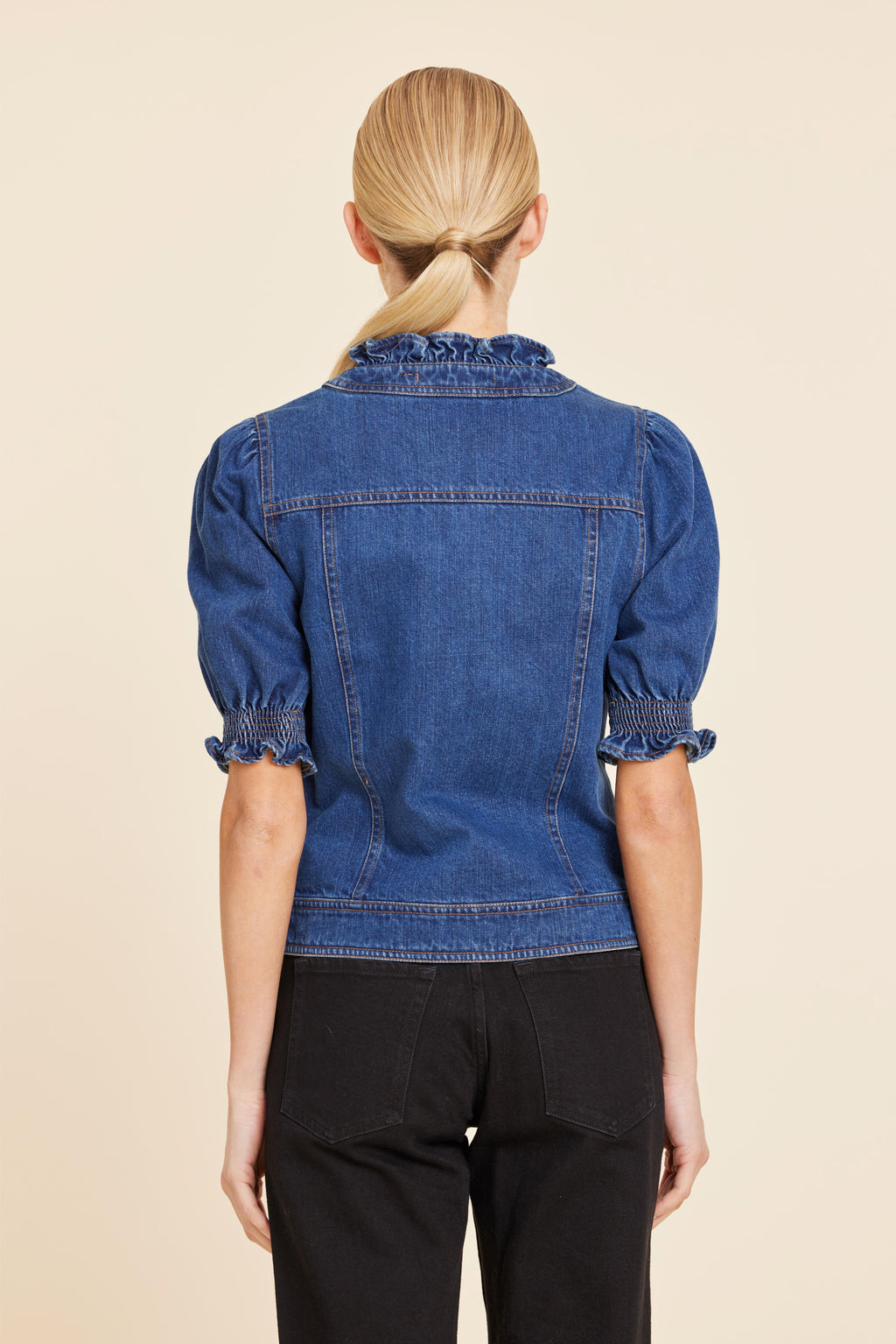 Denim Ruffle Neck And Cuff Shirt Jacket