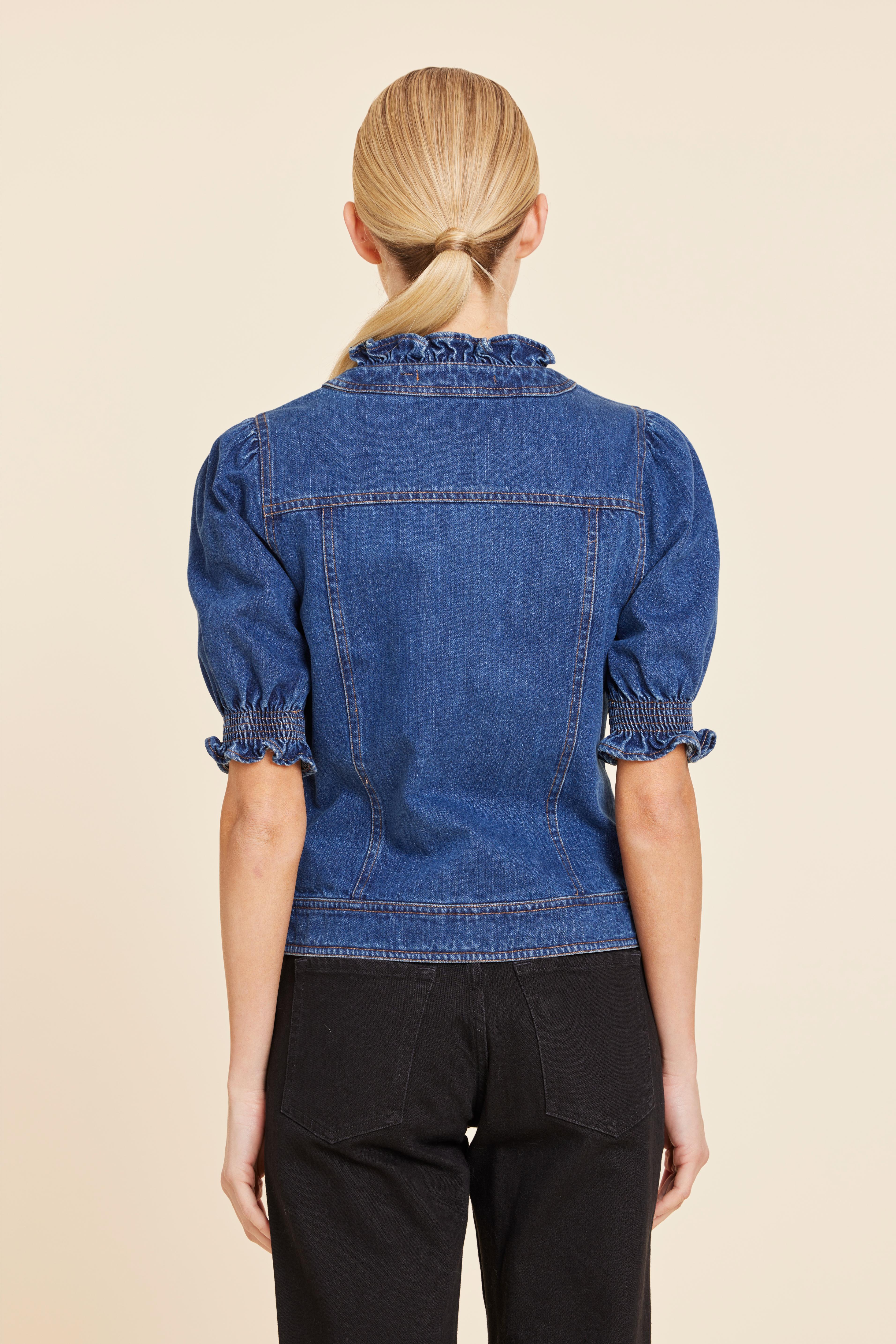 Denim Ruffle Neck And Cuff Shirt Jacket