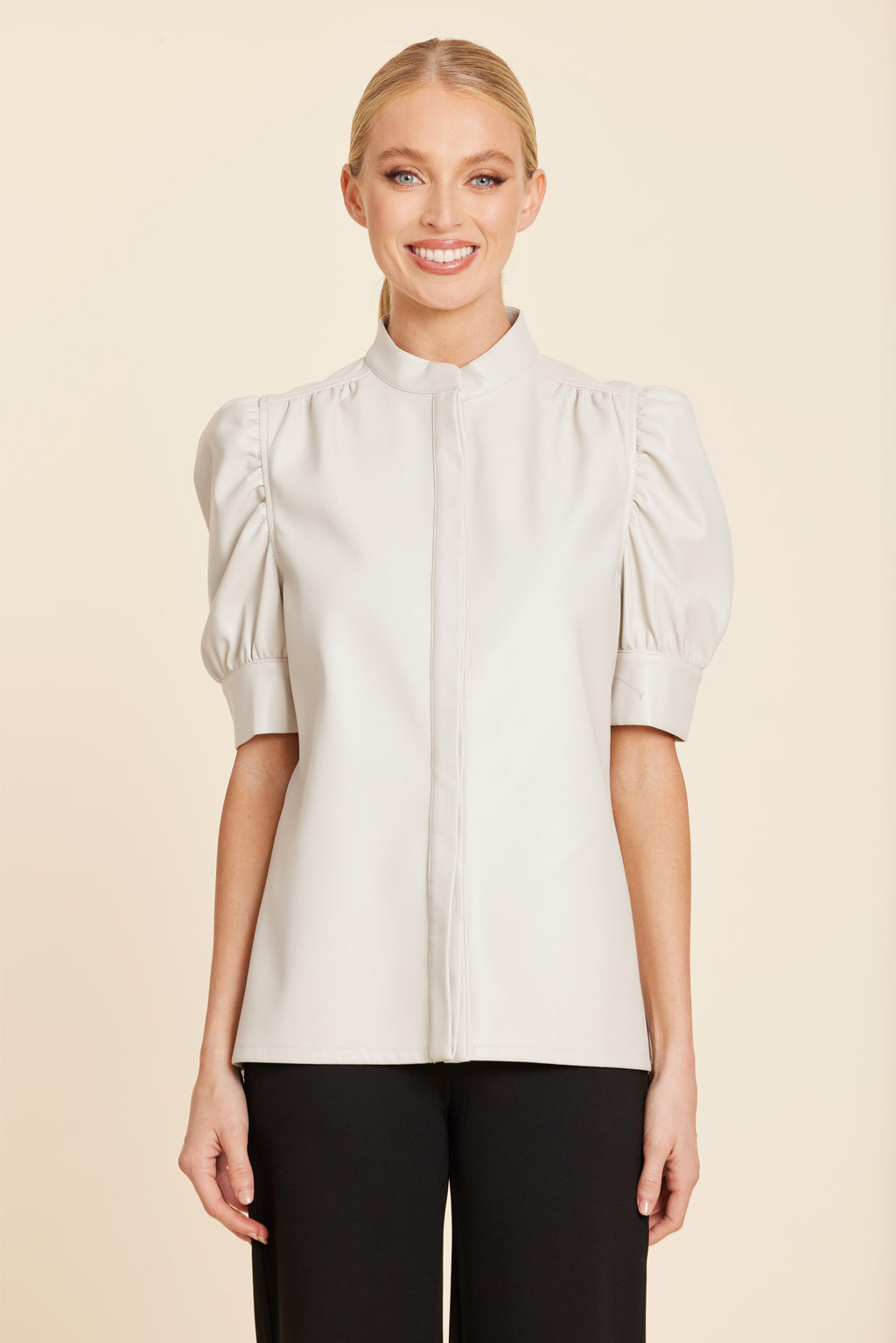 Faux Leather Placket Front Ruched Sleeve Top